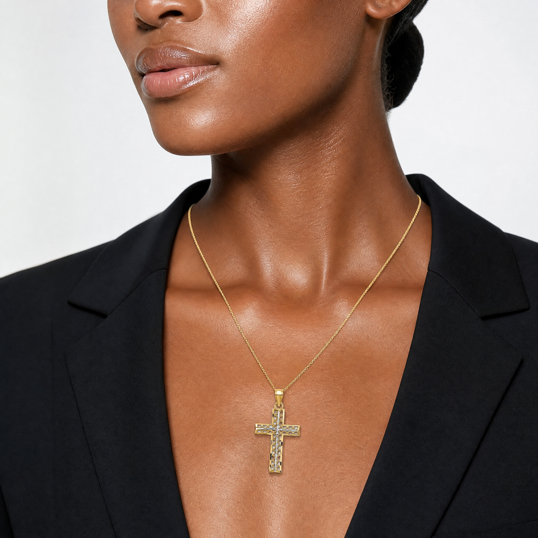 14K W/ Rhodium Cross Charm - Model Shot