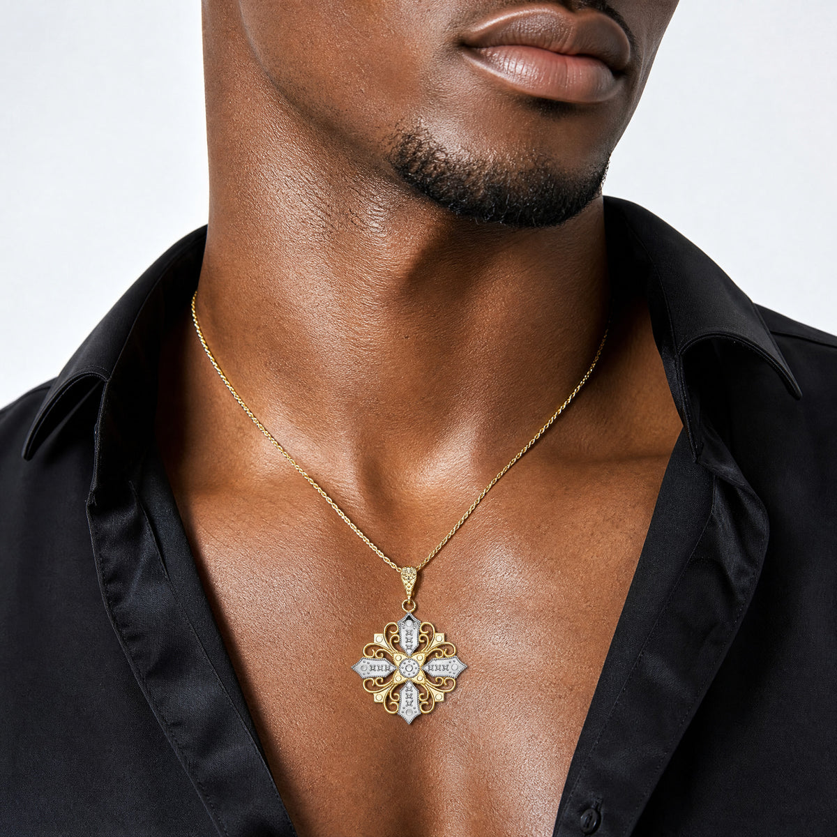 14k w/ Rhodium Cut-out Cross Medallion Charm - Model Shot