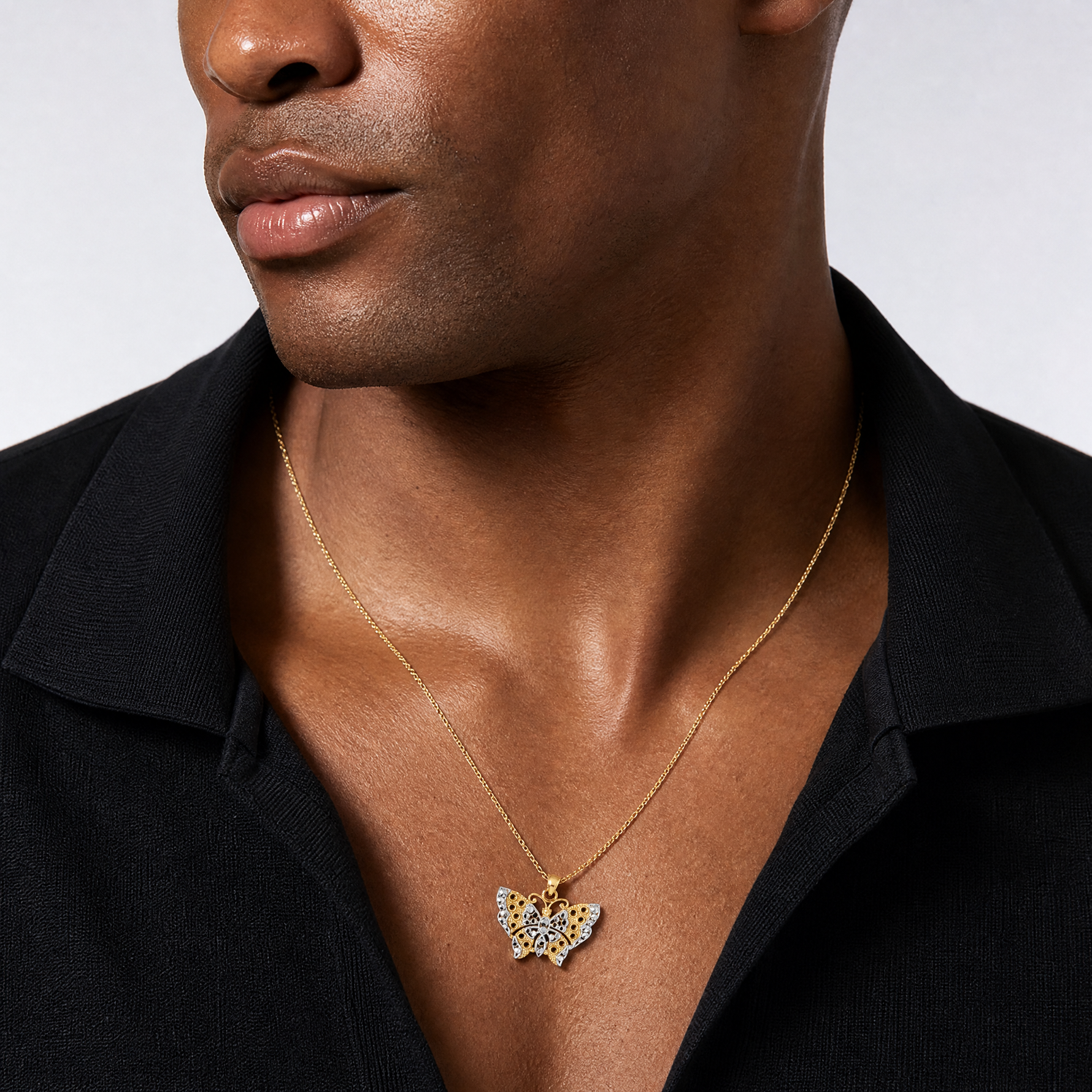 14k w/Rhodium Cut-out Wings Butterfly Pendant - Model Shot