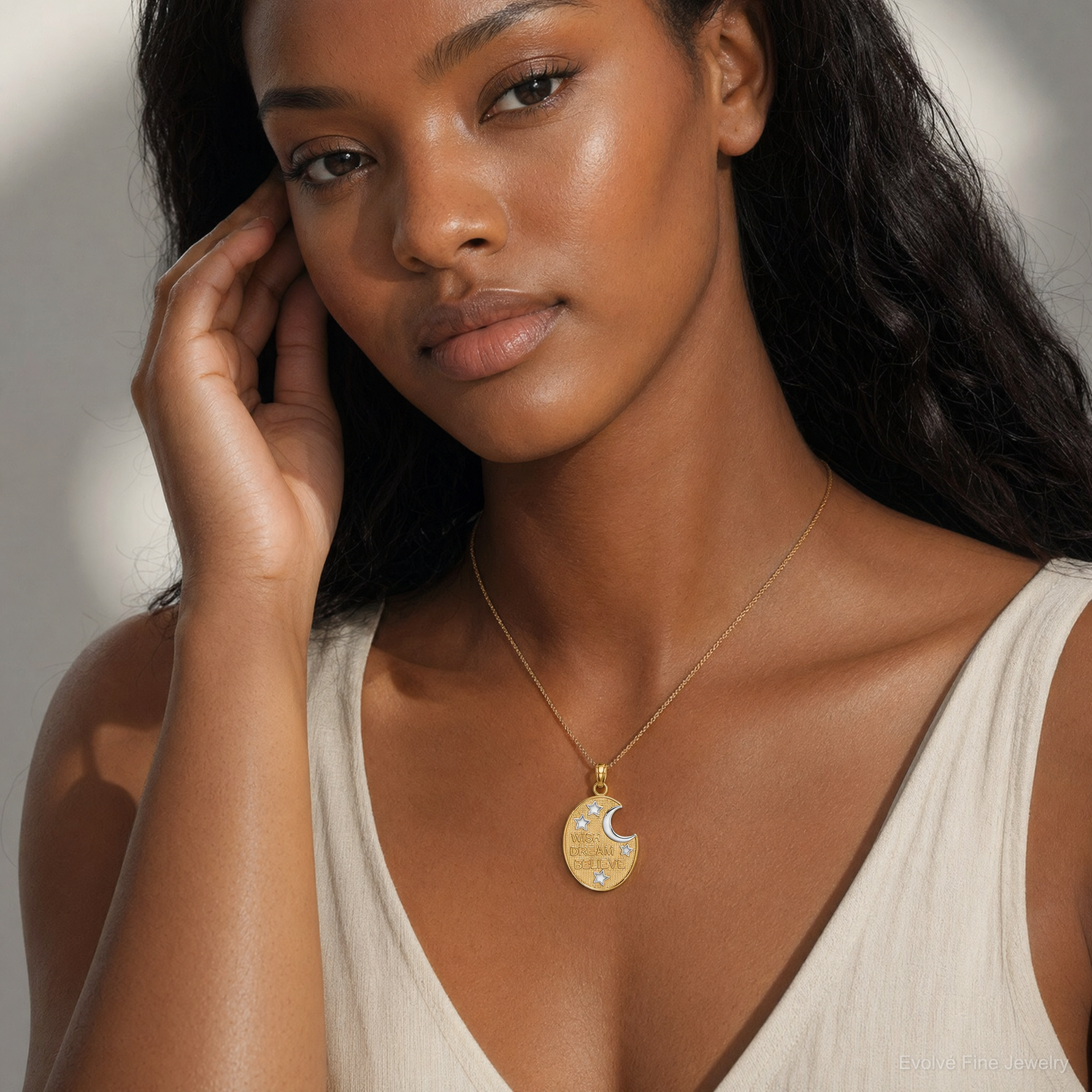14k w/ Rhodium WISH DREAM BELIEVE Moon and Stars Charm - Model Shot