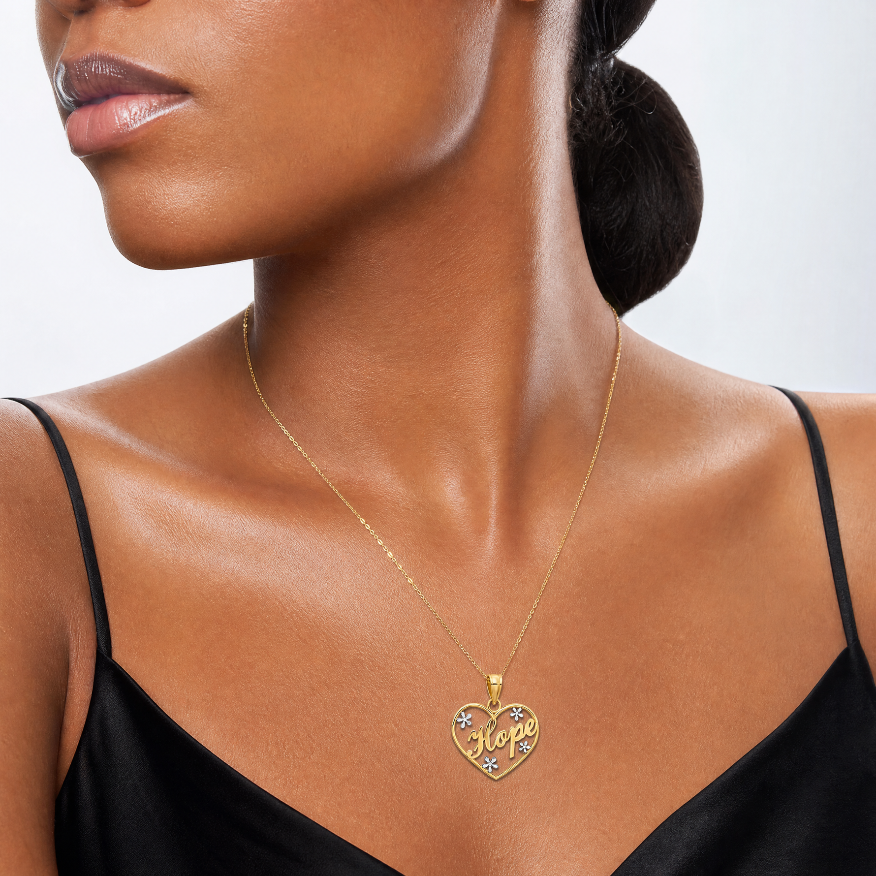 14k w/Rhodium Hope In Heart w/Flowers Charm - Model Shot
