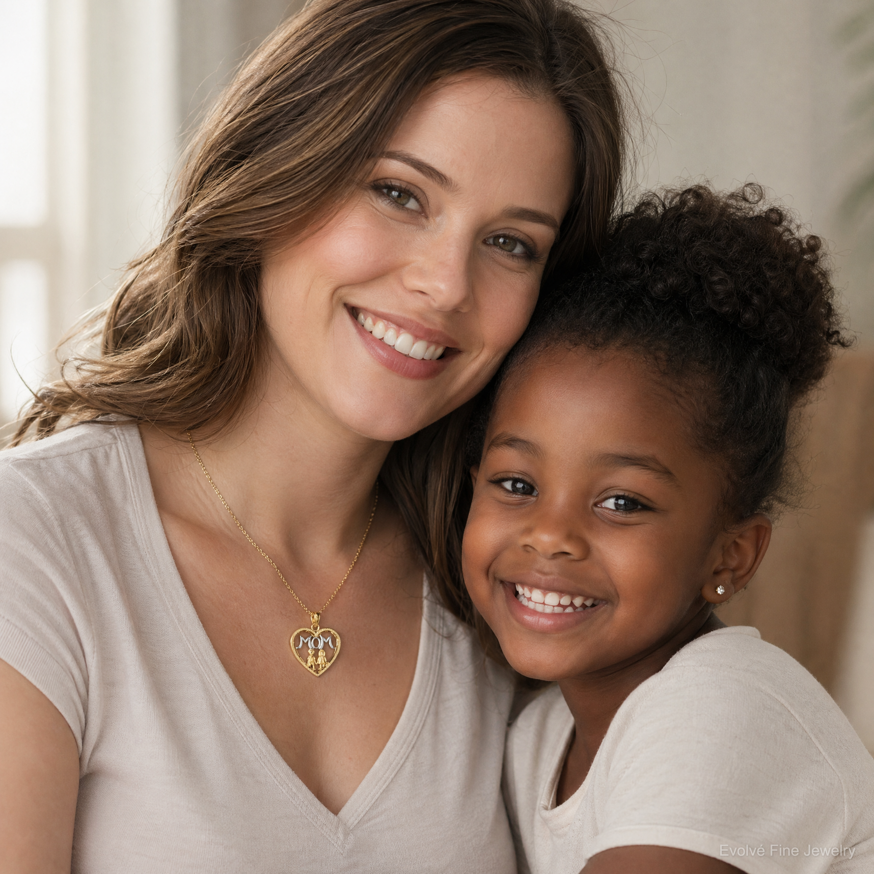 14k w/ Rhodium MOM Heart with 2 Kids Charm - Model Shot