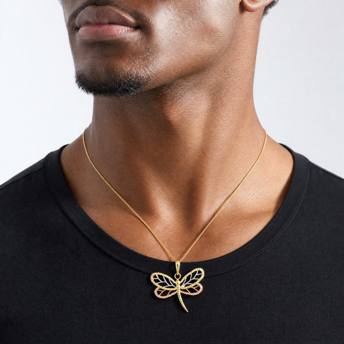 14k Two-tone White Rhodium Dragonfly w/Beaded Diamond-cut Wings Charm - Model Shot
