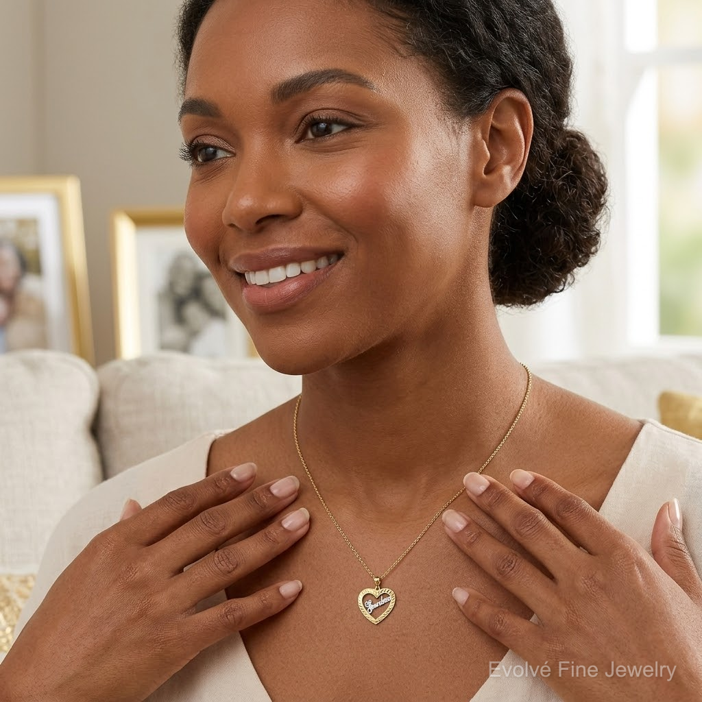 14k w/ White Rhodium Diamond-cut Heart GRANDMA Charm - Model Shot