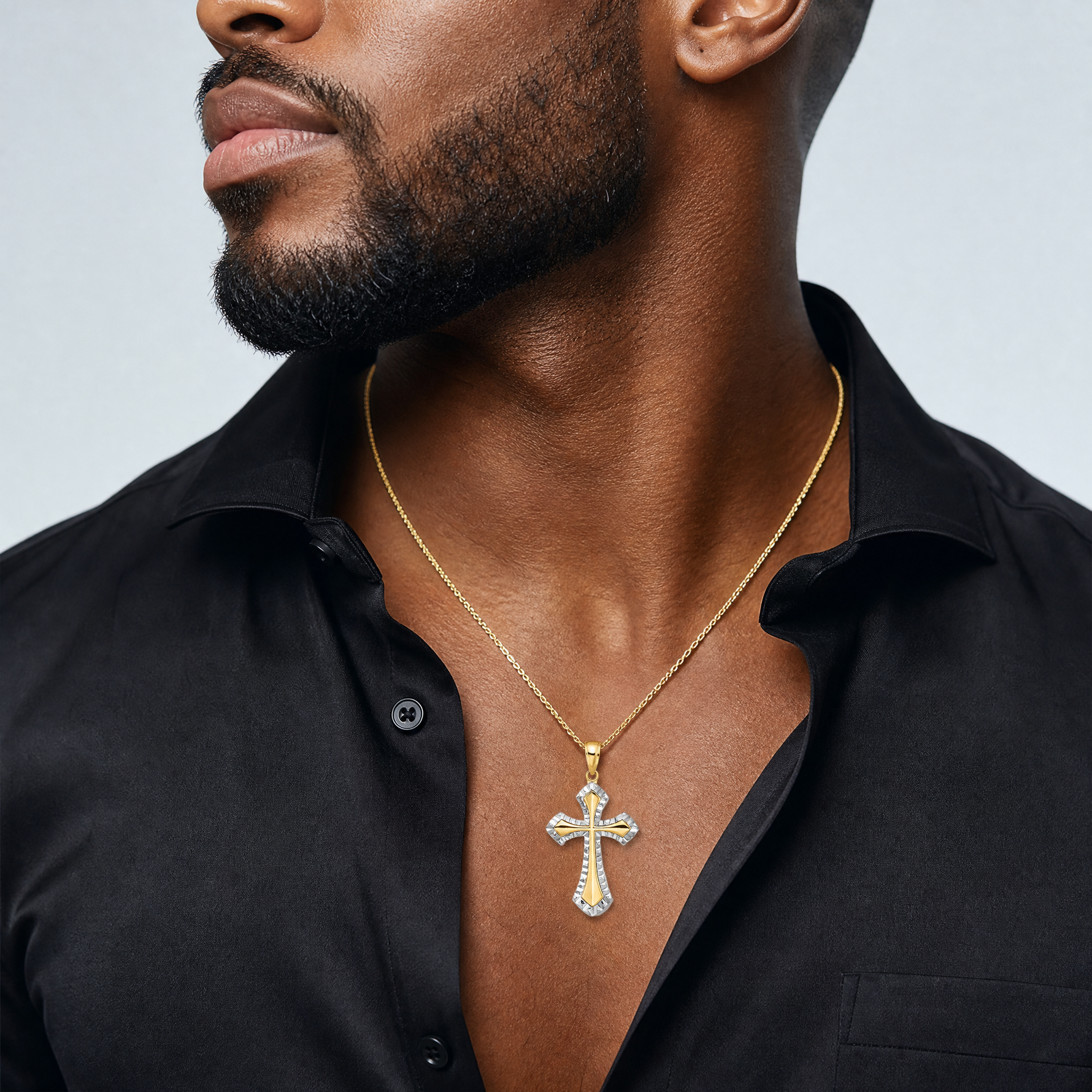 14K w/ Rhodium and D/C Reversible Cross Charm - Model Shot