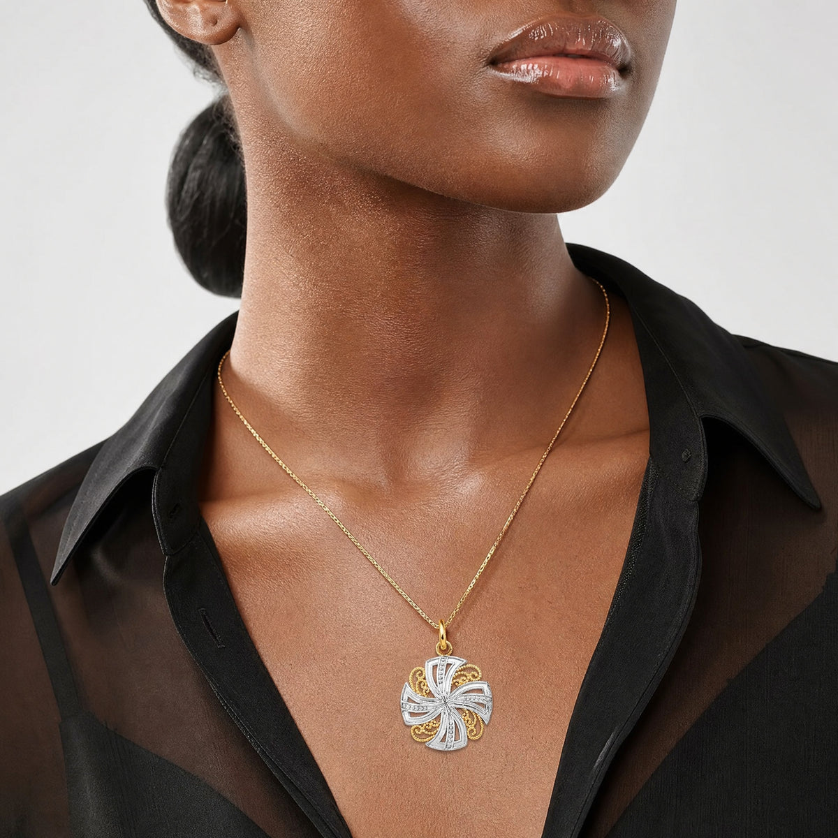 14K w/Rhodium Pinwheel Medallion Charm - Model Shot
