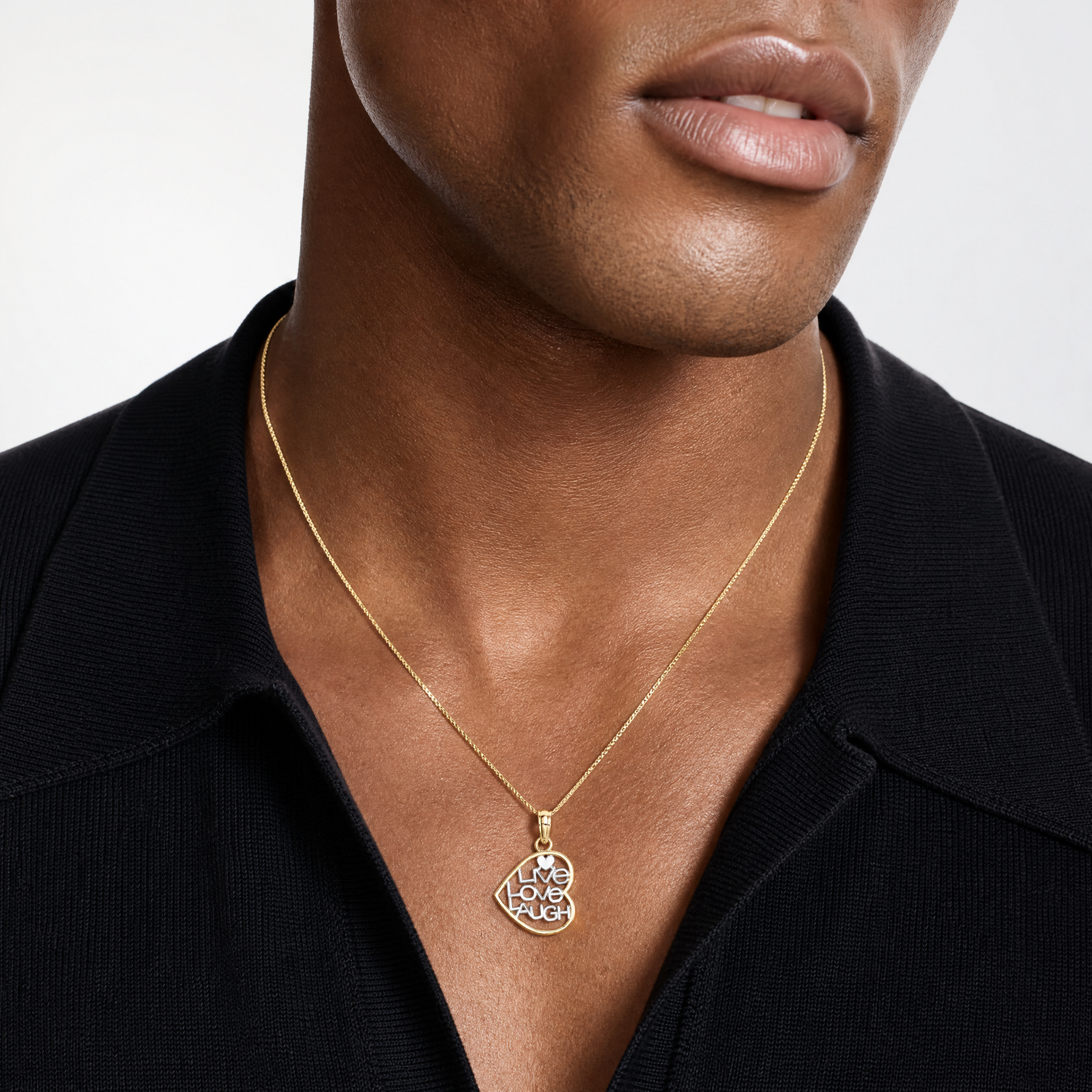 14k and Rhodium LIVE LOVE LAUGH In Heart Charm - Model Shot
