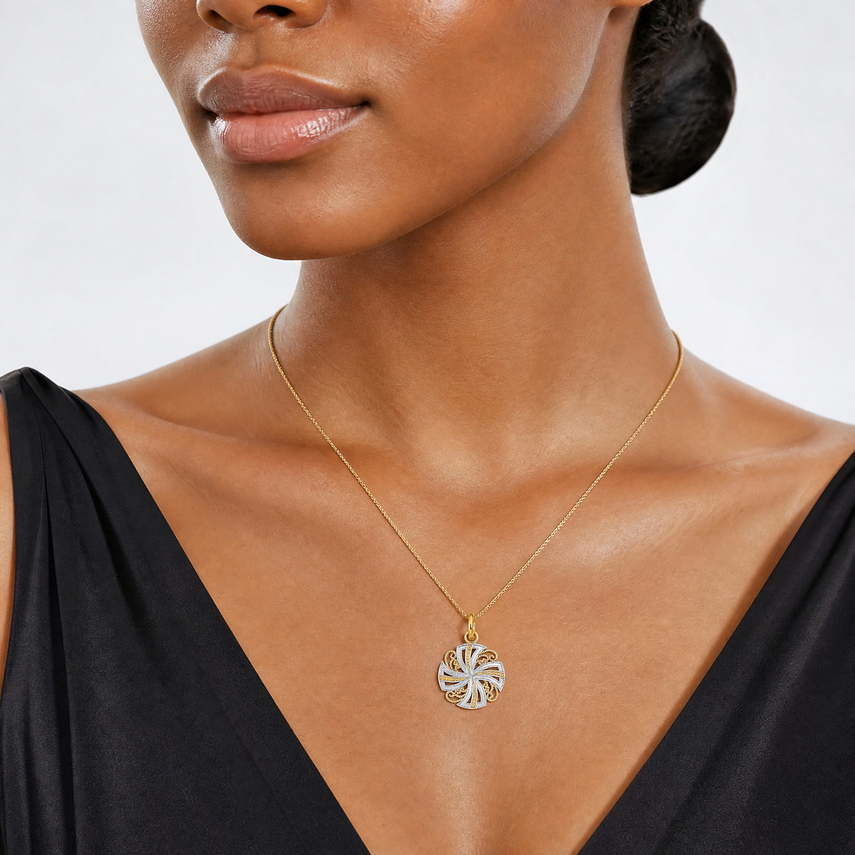 14K w/Rhodium and D/C Mini Pinwheel Medallion Charm - Model Shot