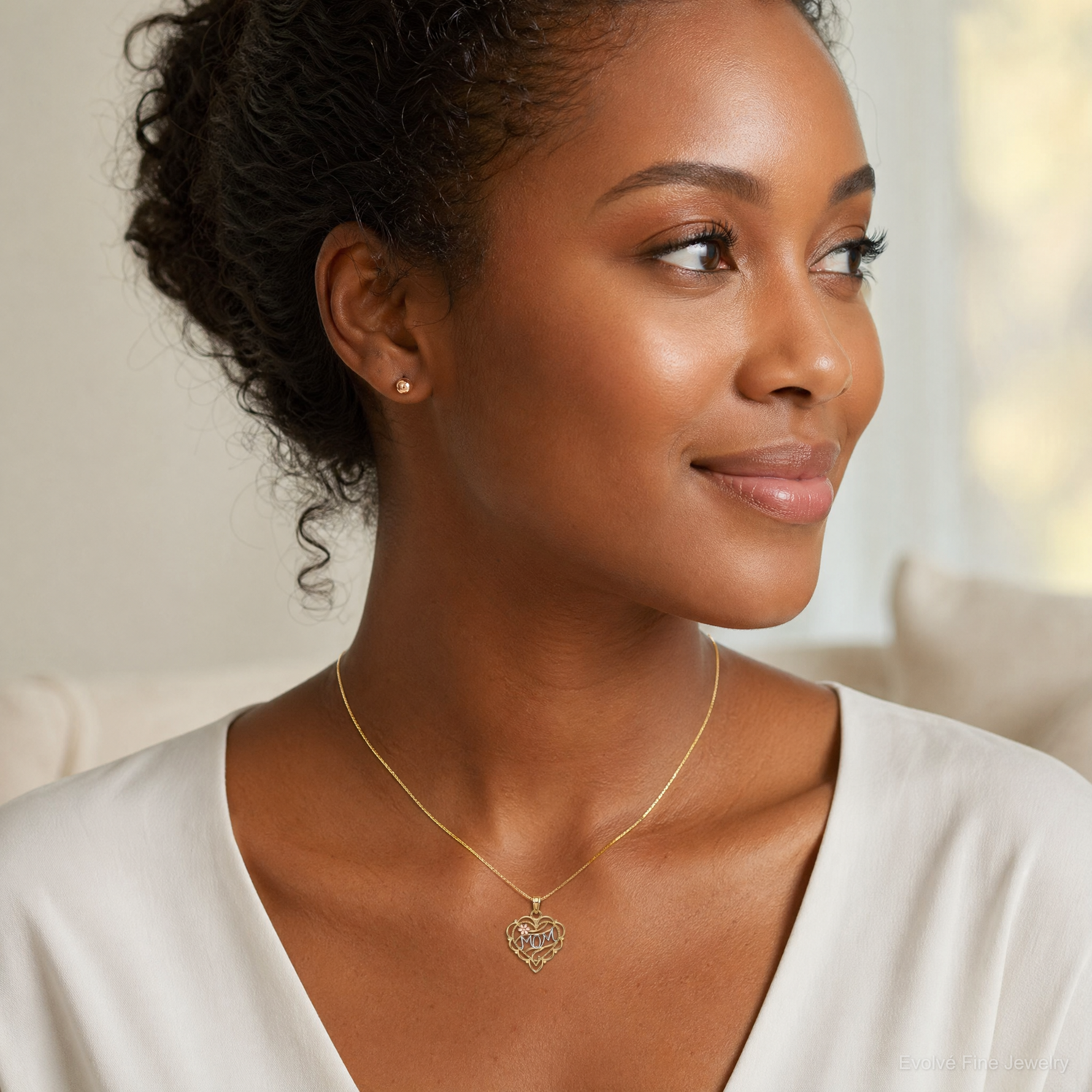 14k Two-Tone w/White Rhodium MOM Heart w/Flower Charm - Model Shot