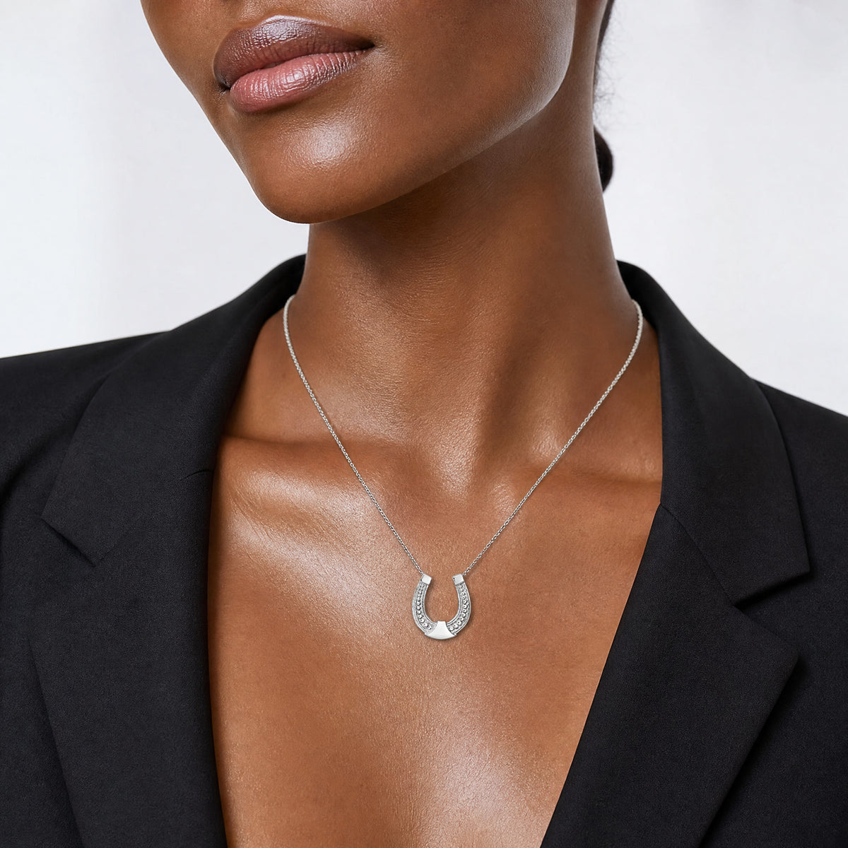 14k White  Gold Horseshoe Chain Slide Charm - Model Shot