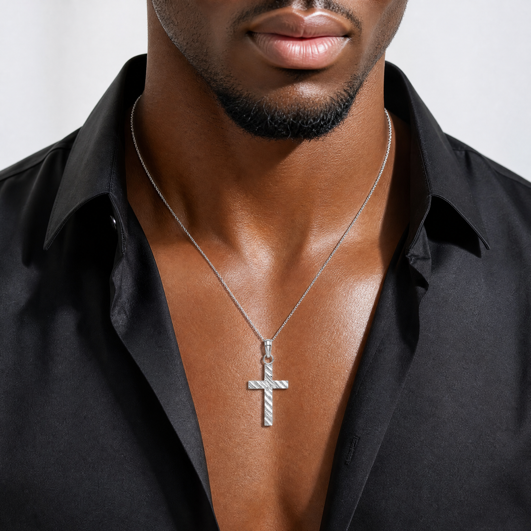 14k White Gold D/C Cross Pendant - Model Shot