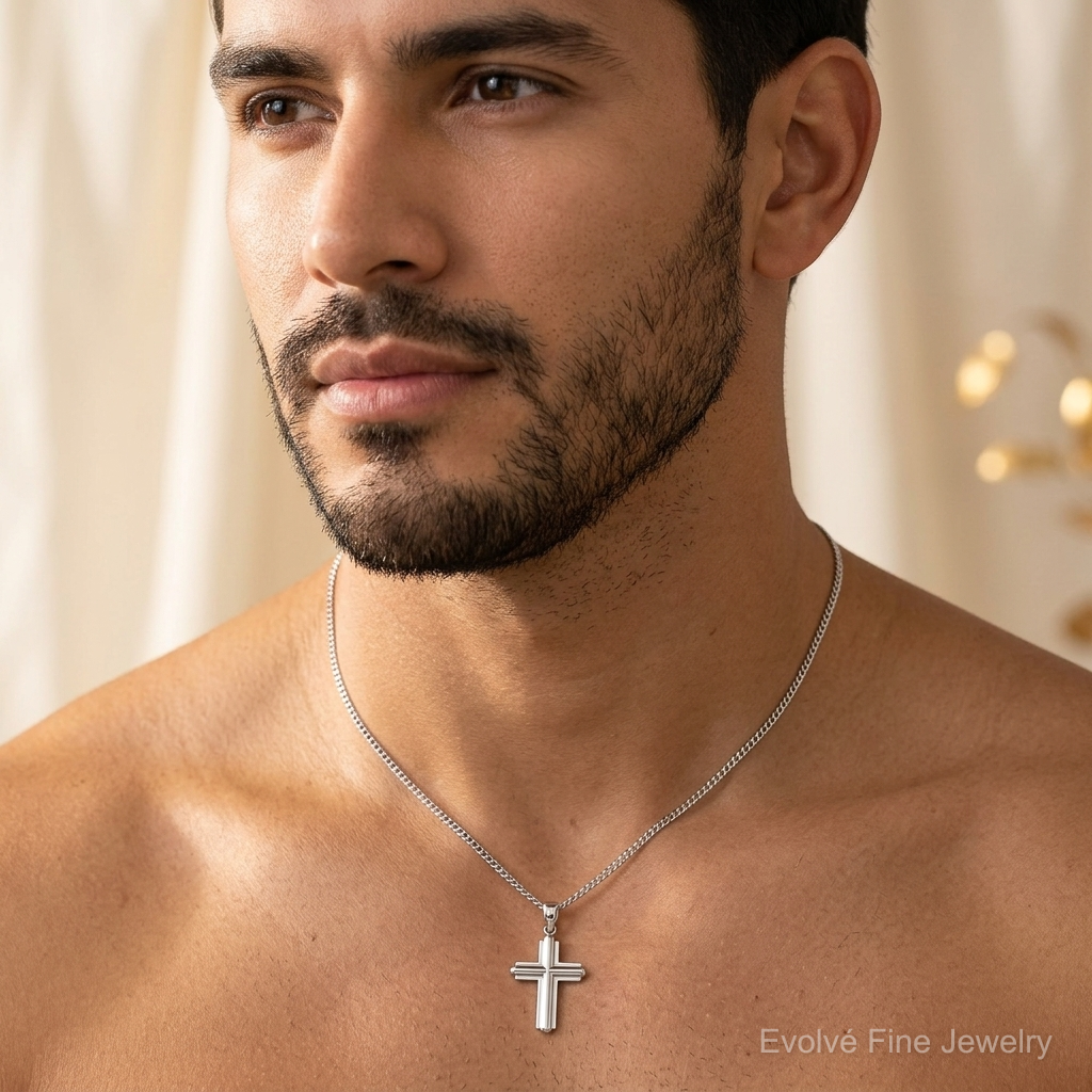 14k White Gold Beveled Cross Charm - Model Shot