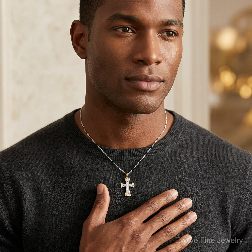 14K W/ Rhodium Cross Charm - Model Shot