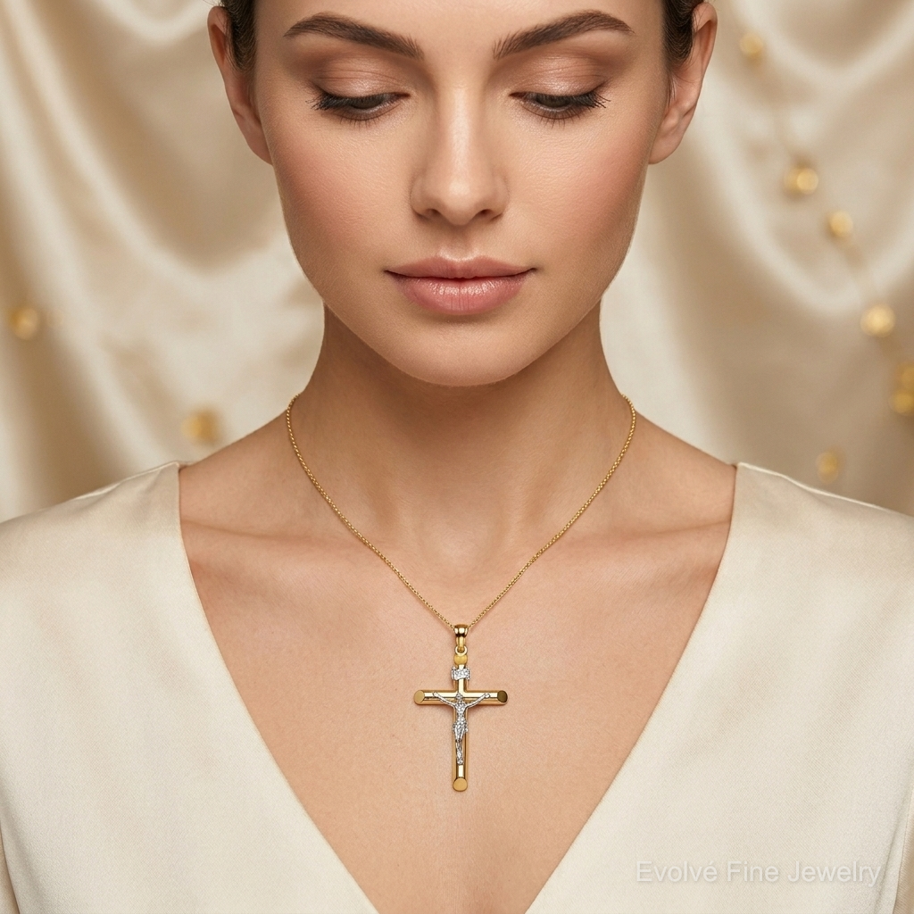 14K Two-tone Polished Crucifix Charm - Model Shot