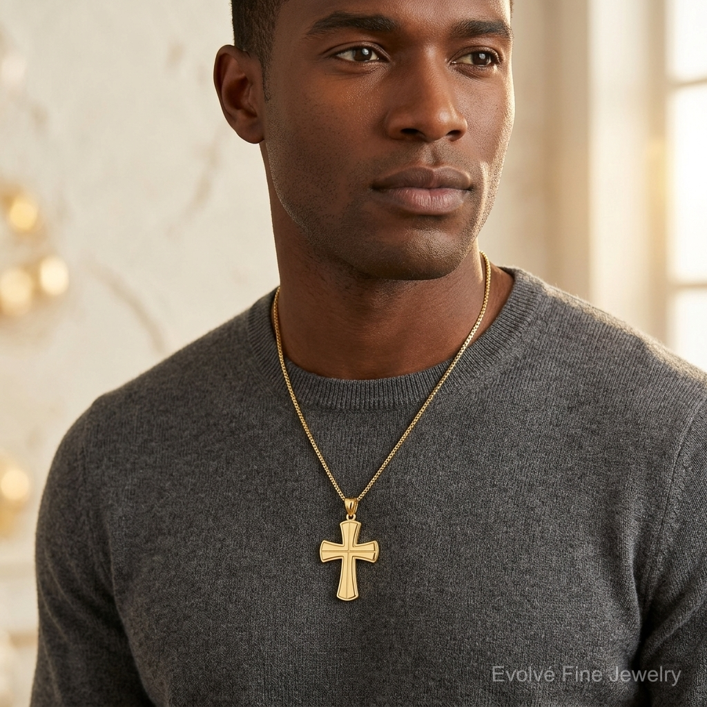 14K Polished Cross Pendant - Model Shot