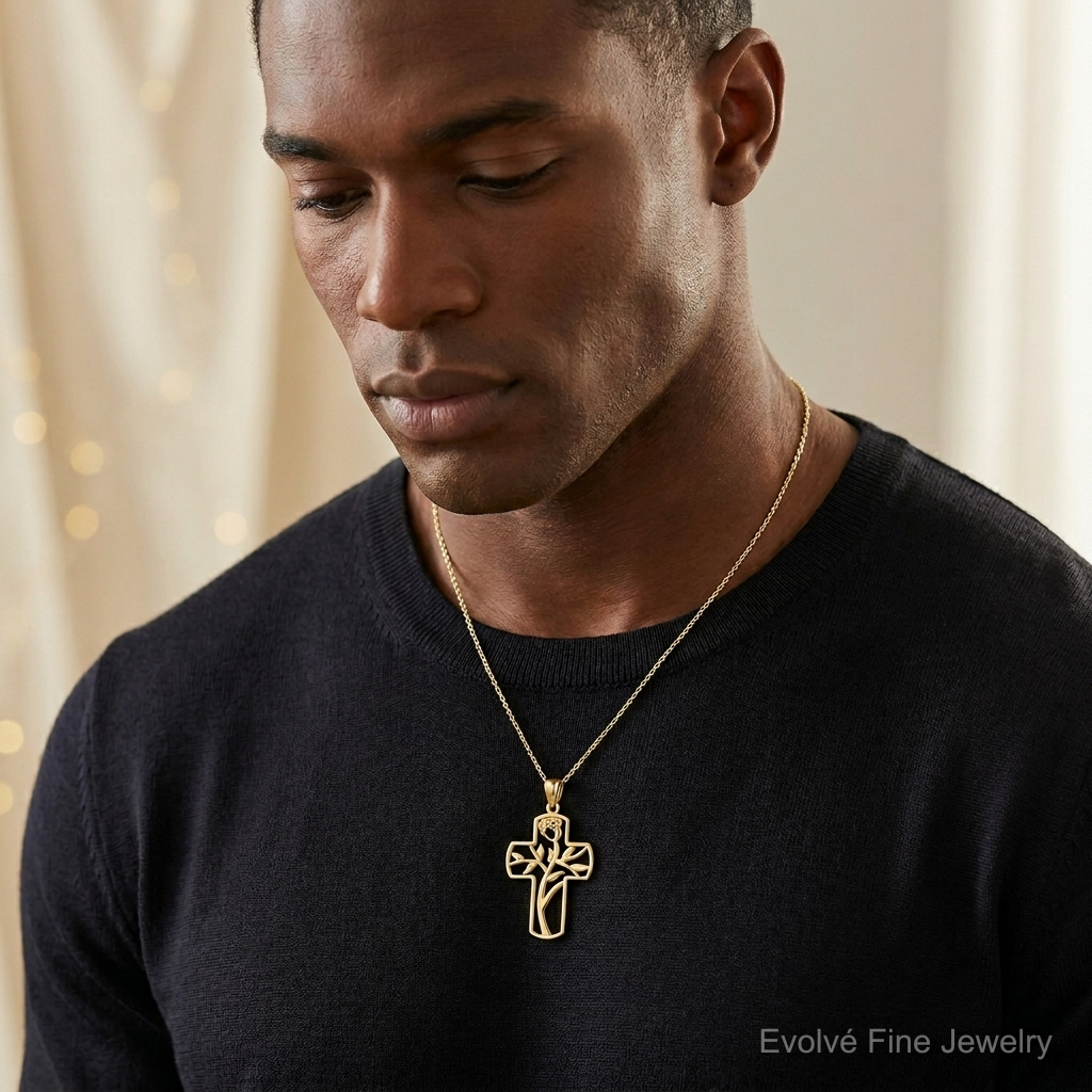 14K Polished Flower Design Cross Pendant - Model Shot