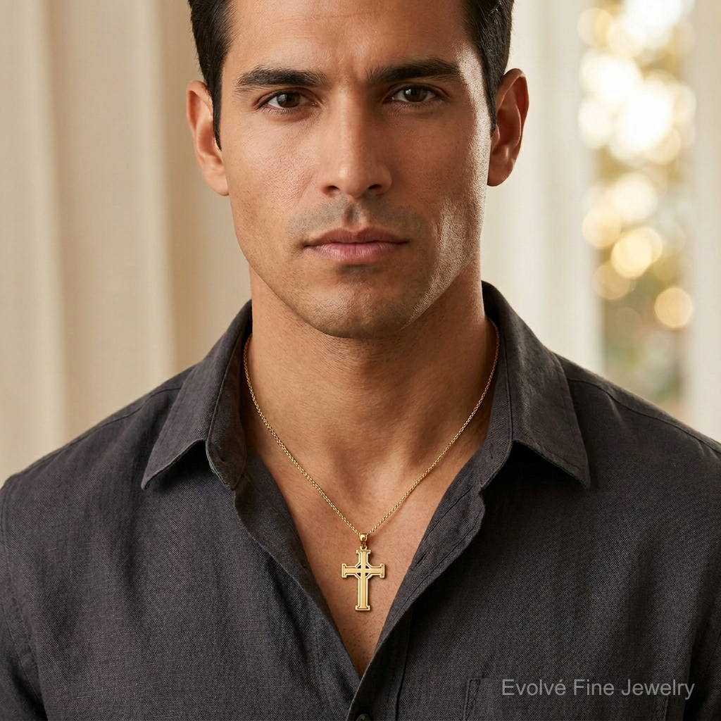 14K Polished Cross Pendant - Model Shot