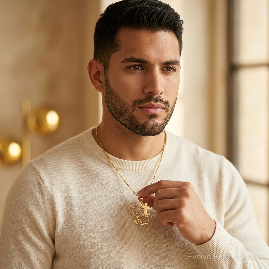 14K Polished Dove and Cross Pendant - Model Shot