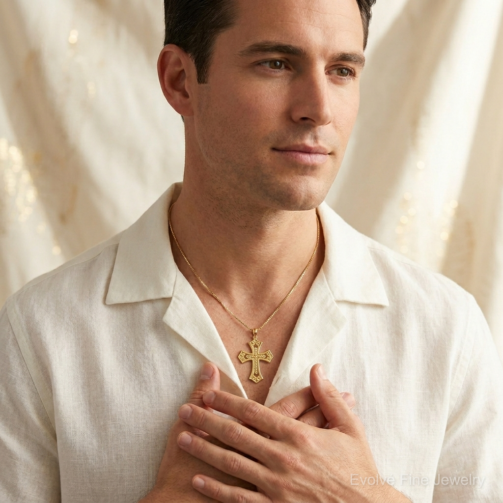 14K Polished Beaded Cross Pendant - Model Shot