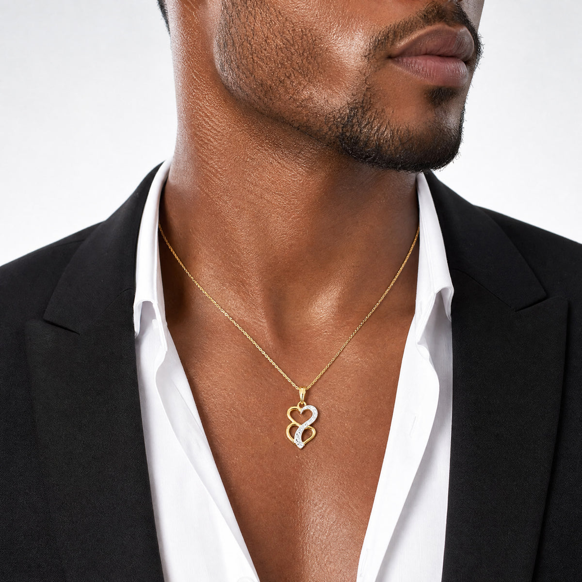14k with White Rhodium Polished And Brushed Heart Above Heart Charm - Model Shot
