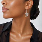 Sterling Silver Rhodium-plated Cut Out Mother & Baby Turtle Dangle Earring - Model Shot