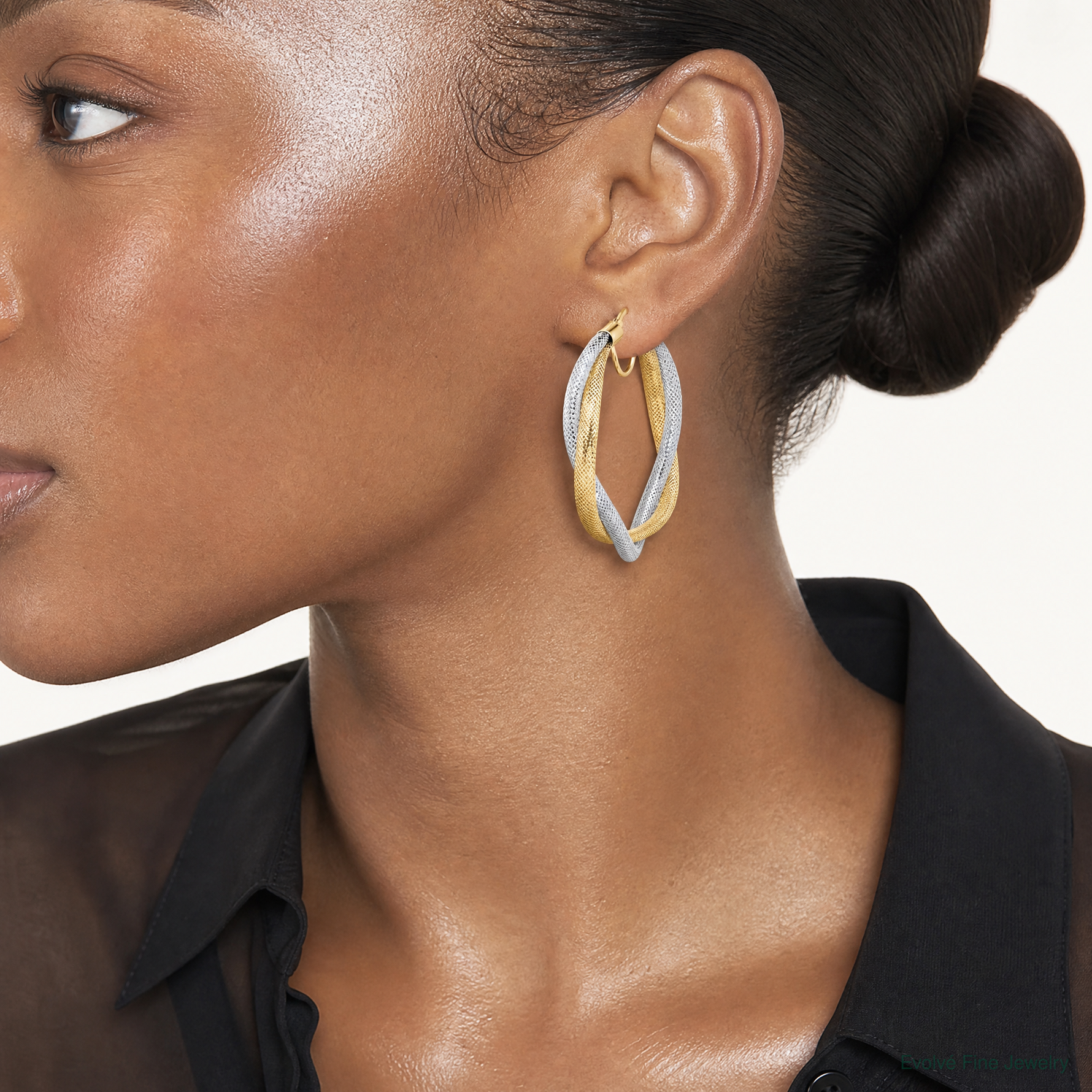 Leslie's 14K w/Rhodium Braided Mesh Stretch Hoop Earrings - Model Shot