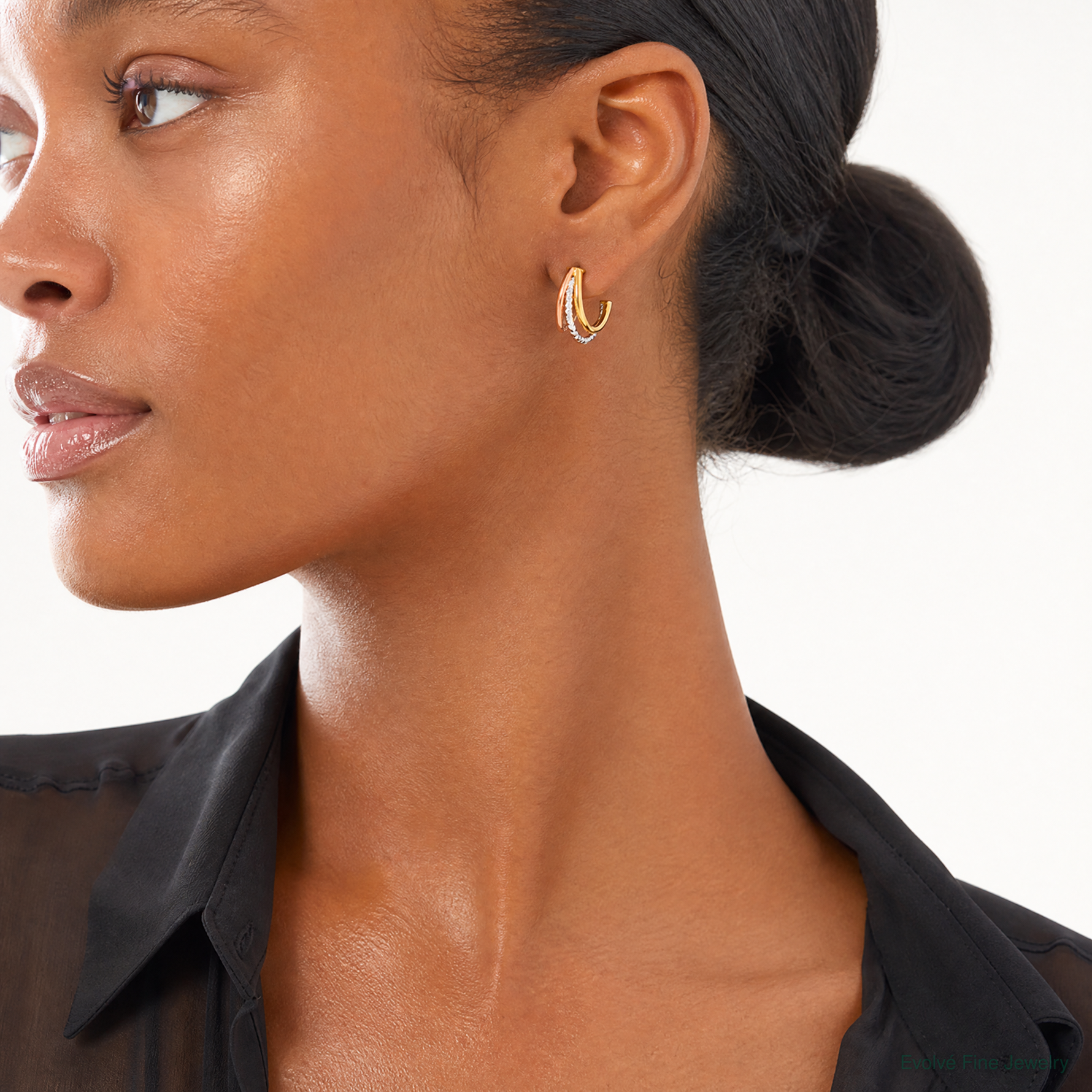 Leslie's 14K White RH/ Rose GP Textured 3 Row J-Hoop Post Earrings - Model Shot
