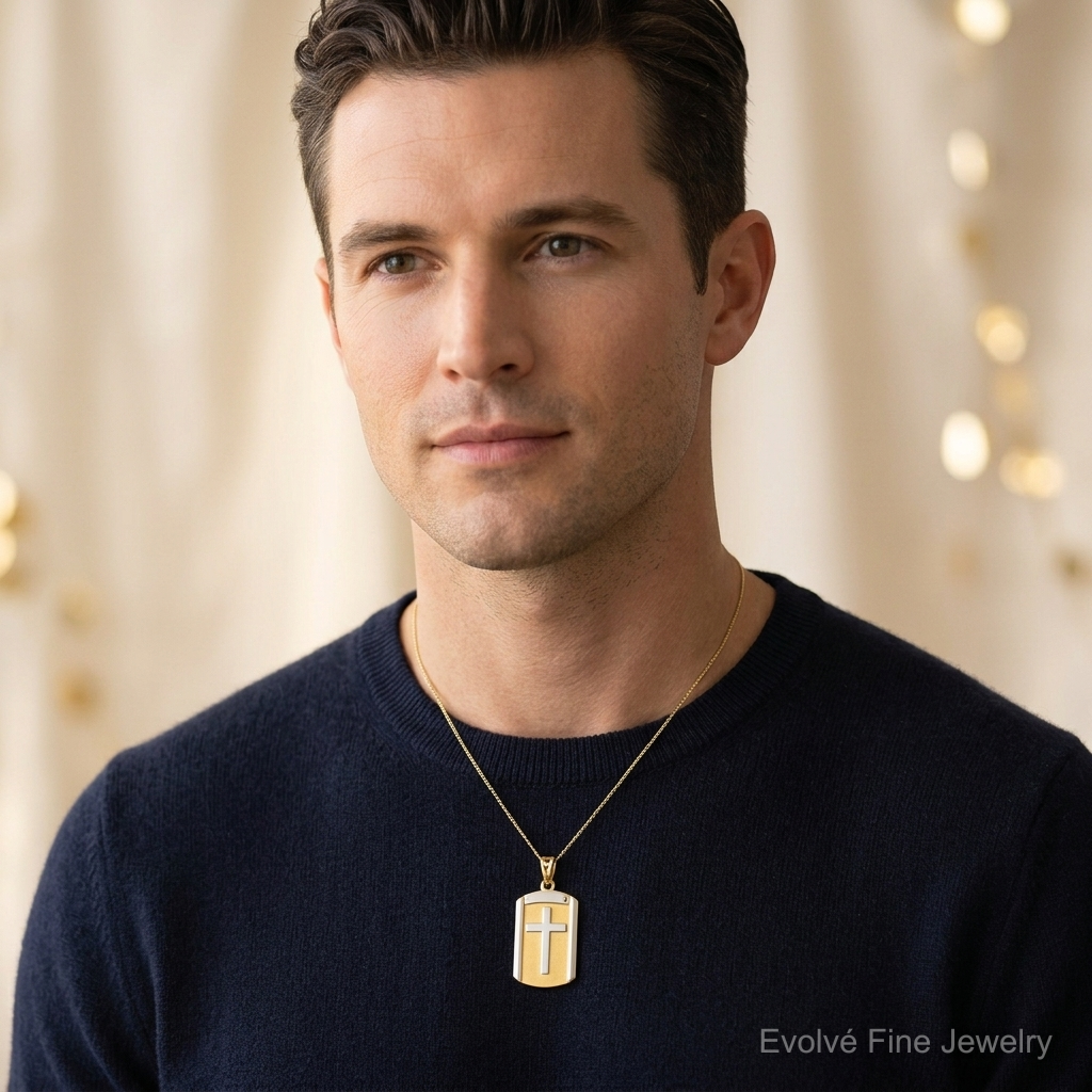 Leslie's 14K Two-tone Brushed Cross Dog Tag Pendant - Model Shot