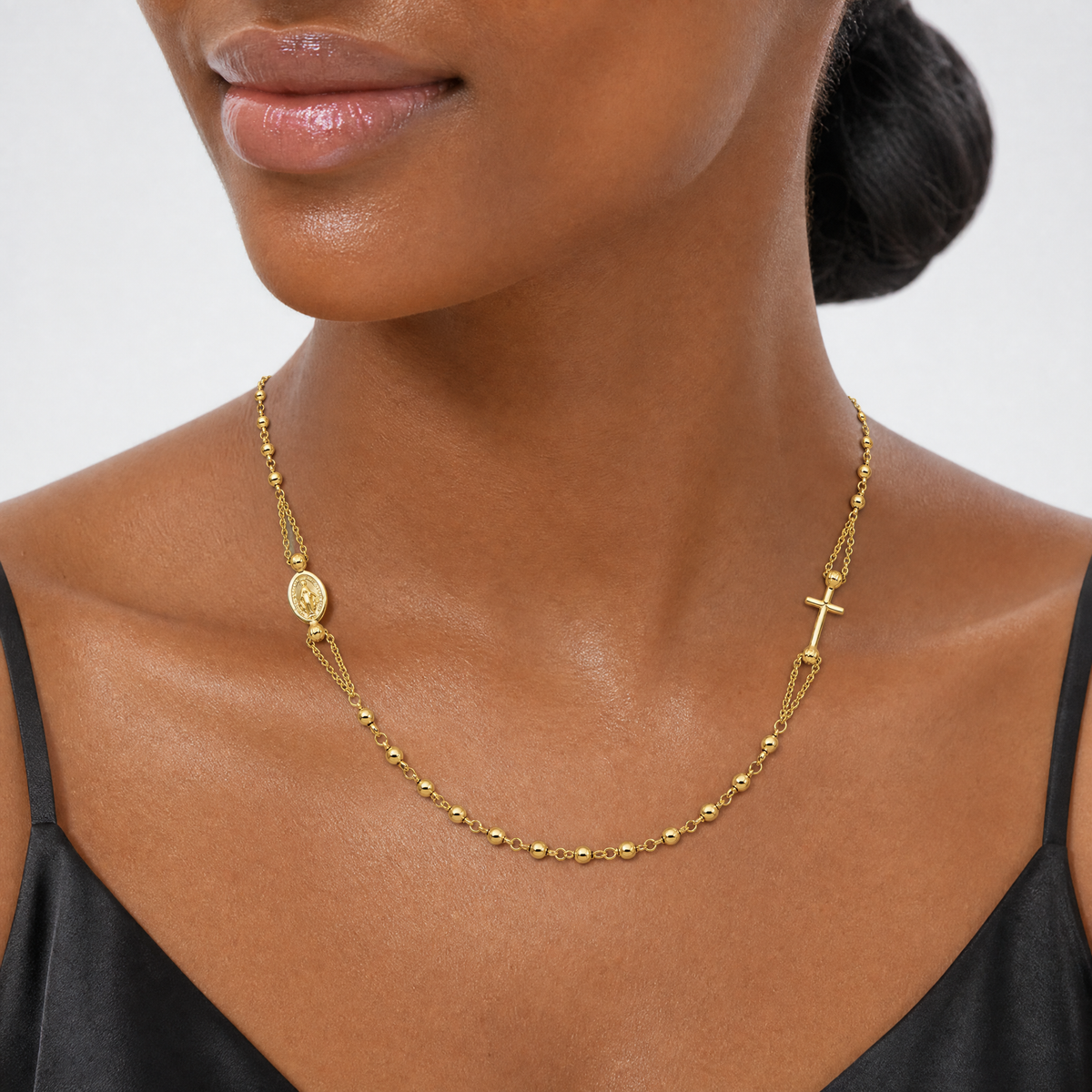 Leslie's 14K Polish/Dia-cut/Beaded Religious Rosary Style Necklace - Model Shot