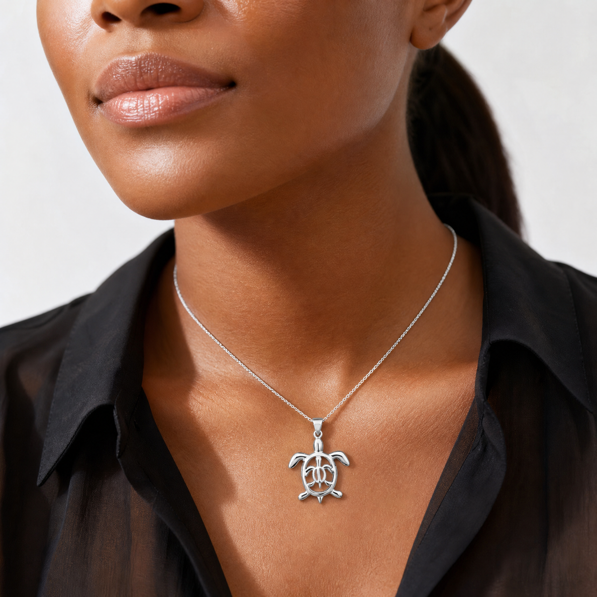 Sterling Silver Rhodium-plated Cut Out  Mother & Baby Turtle Pendant - Model Shot