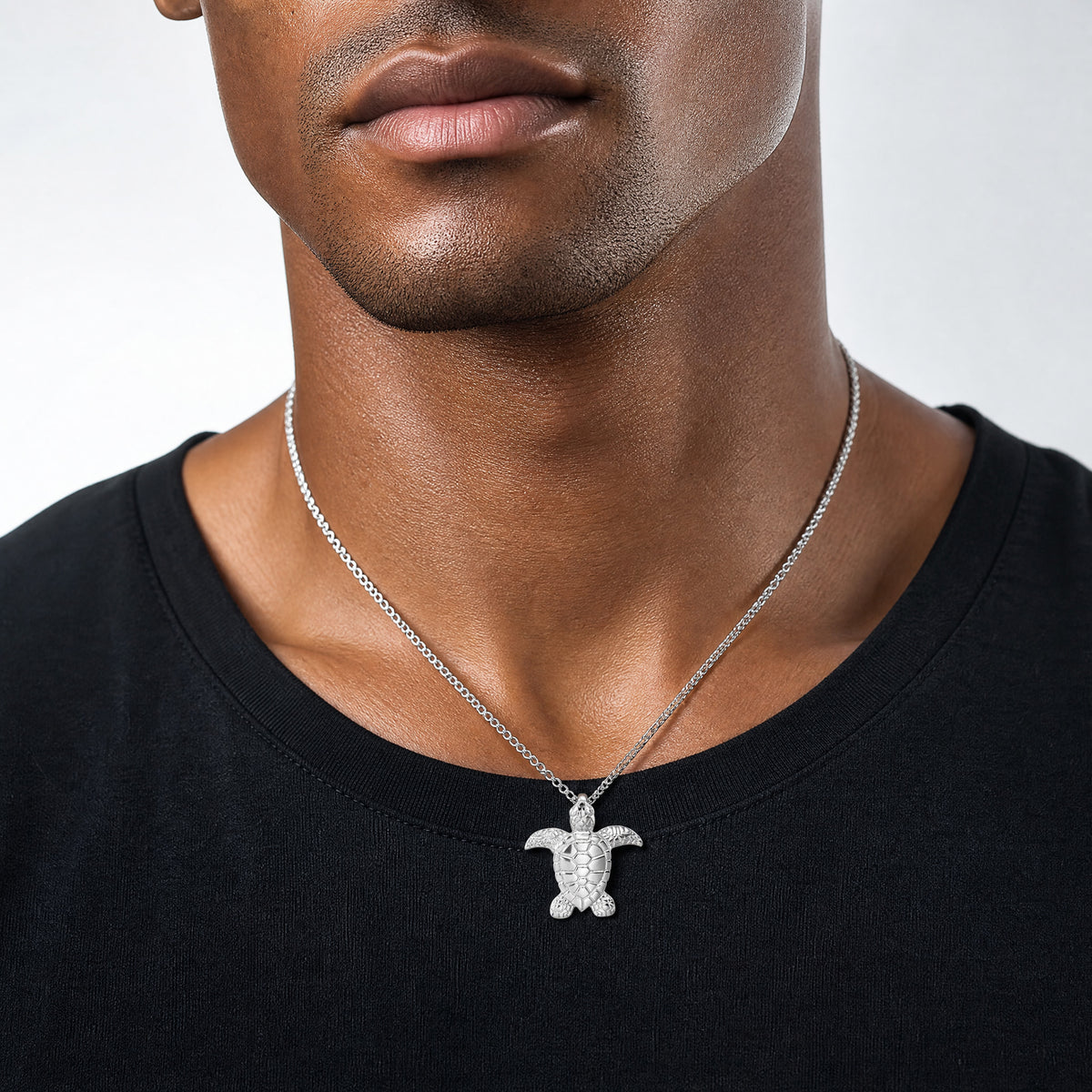 Sterling Silver Rhodium-plated Polished and Textured Turtle Chain Slide - Model Shot