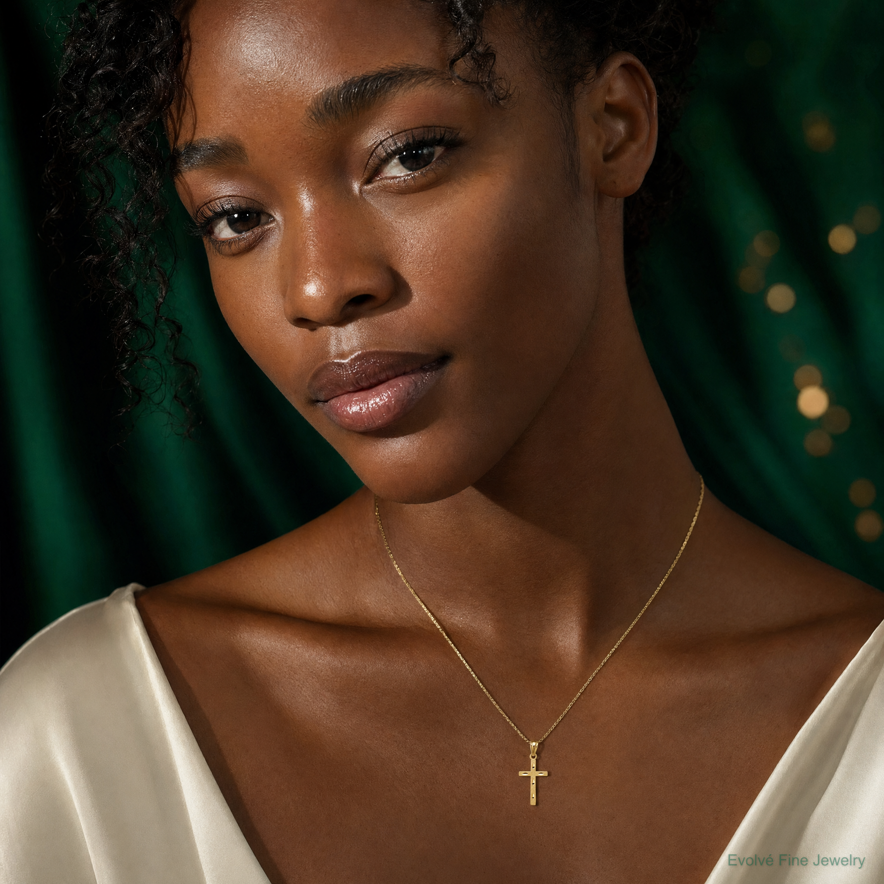 14K Satin Diamond-Cut Cross Pendant - Model Shot
