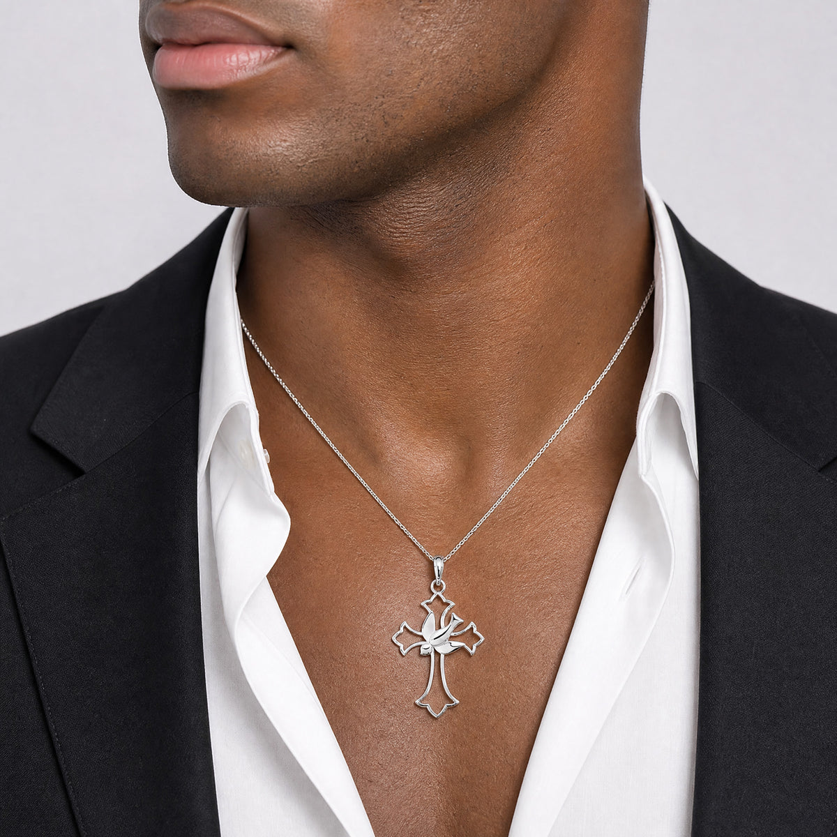 14K White Gold Polished Cross w/ Dove Charm - Model Shot