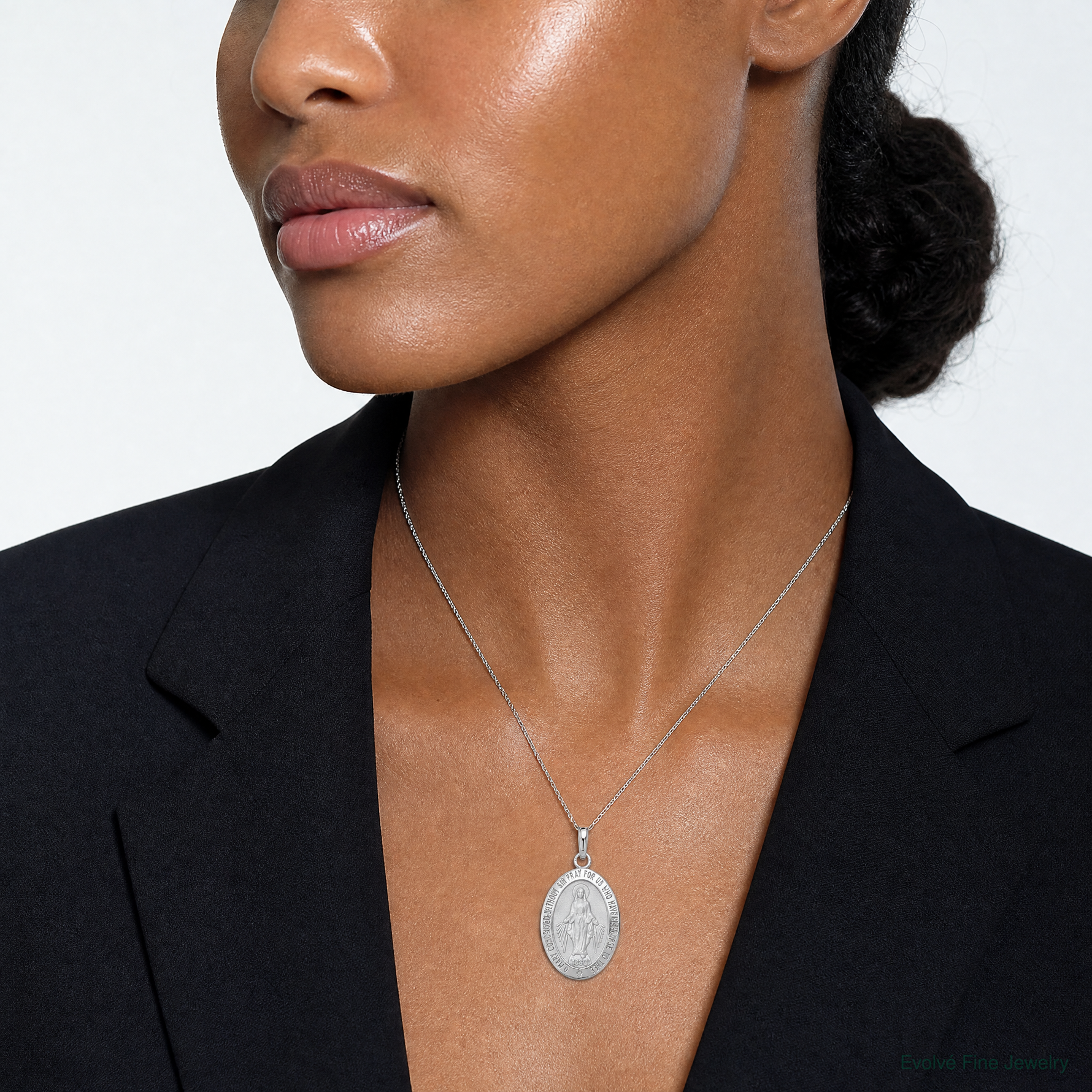 14k White Gold Miraculous Medal Pendant - Model Shot
