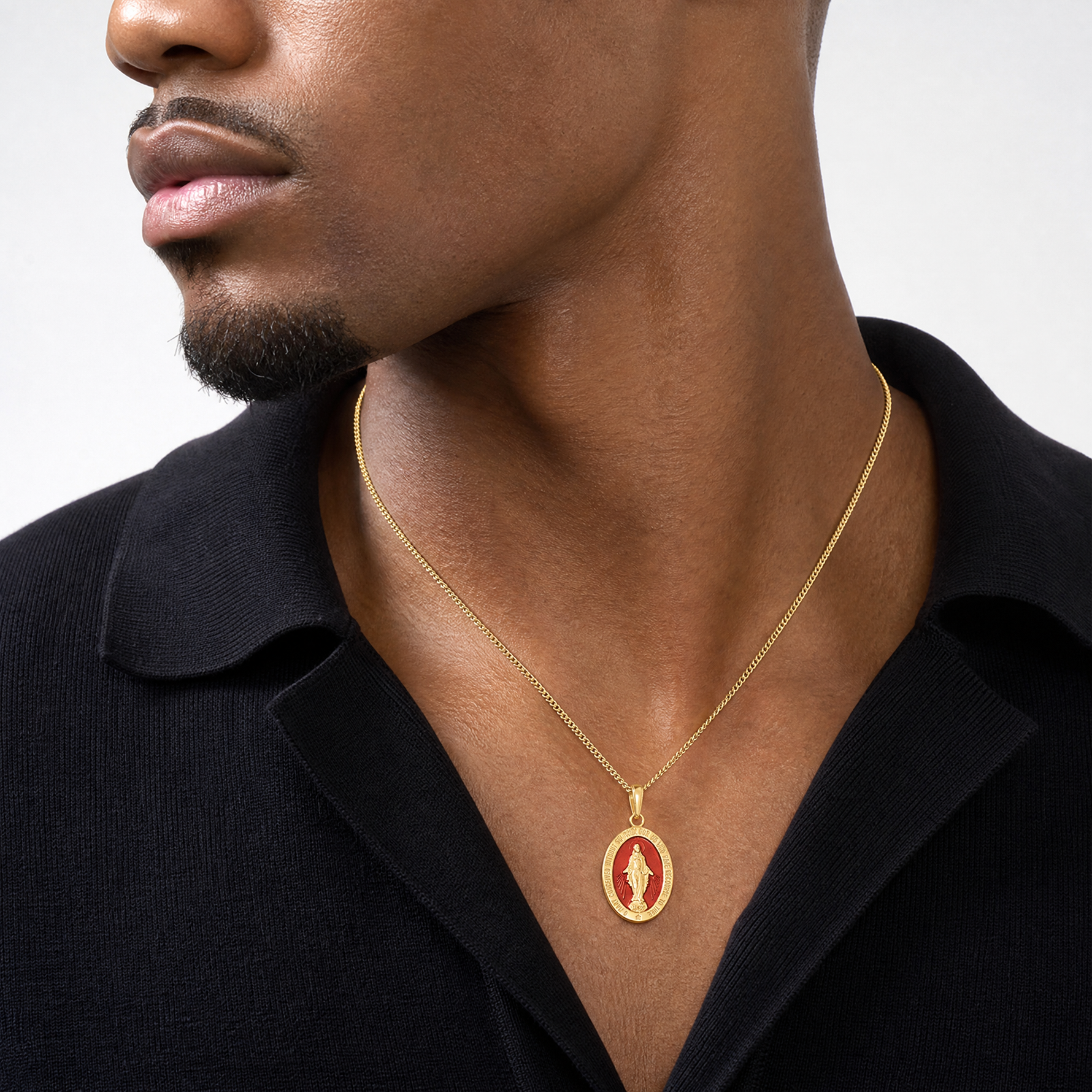 14k Red Enameled Miraculous Medal Pendant - Model Shot