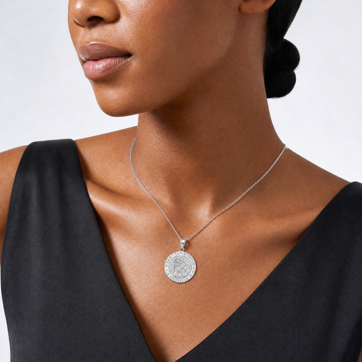 14K White Gold Polished / Satin Christopher Medal Charm - Model Shot