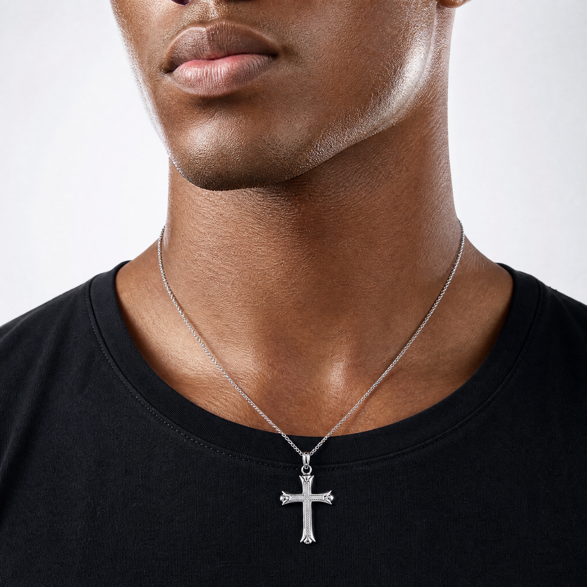 14K White Gold Fleur De Lis Cross Pendant - Model Shot