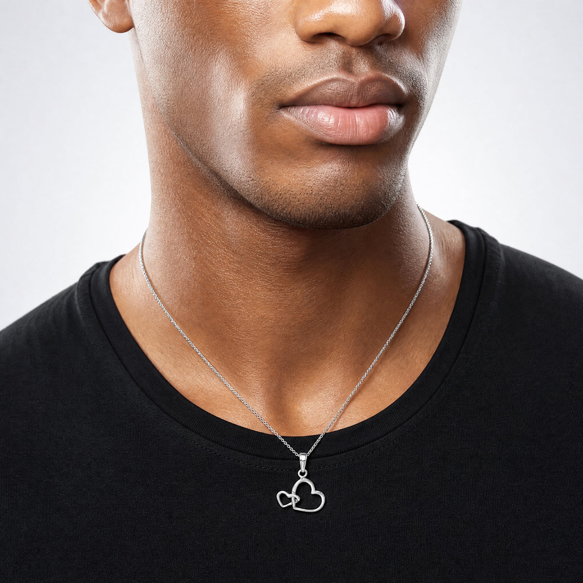 14K White Gold Polished Intertwined Double Heart Pendant - Model Shot