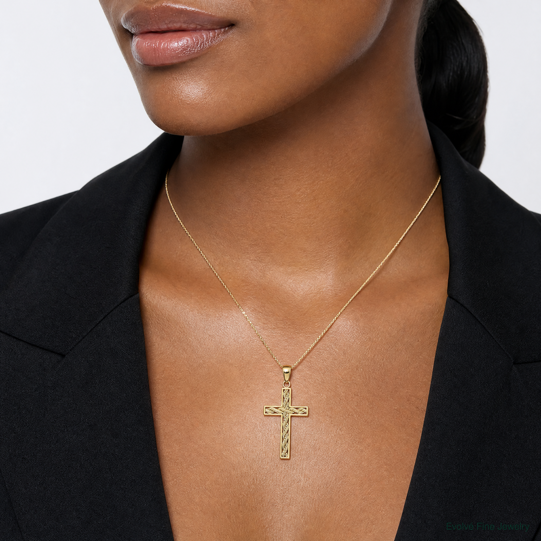 14k Rope Cross Pendant - Model Shot