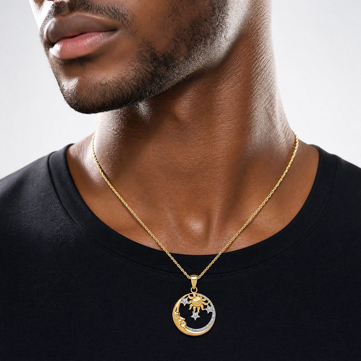 14k and Rhodium D/C Moon, Stars, and Sun Pendant - Model Shot