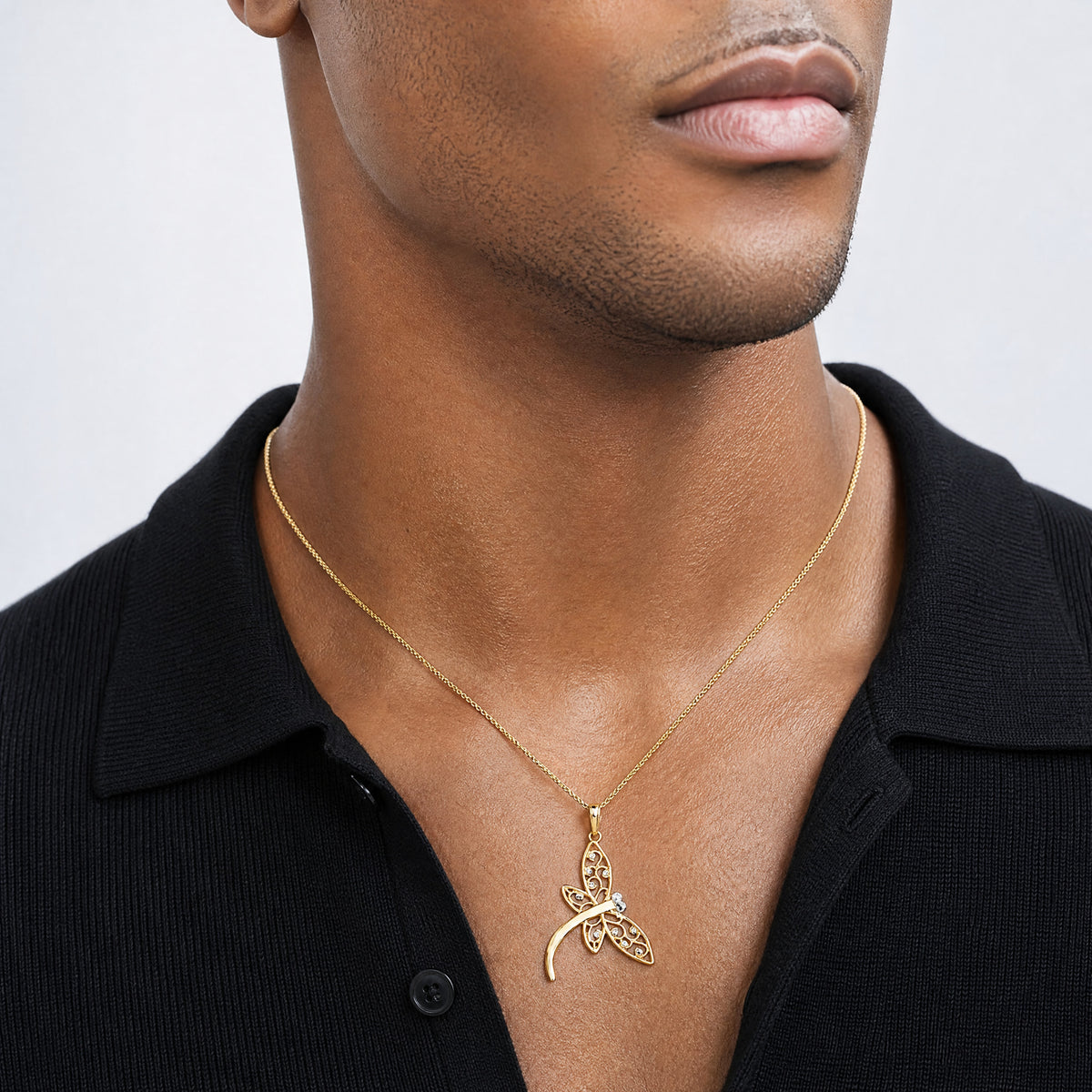 14k and White Rhodium Diamond-cut Filigree Dragonfly Pendant - Model Shot
