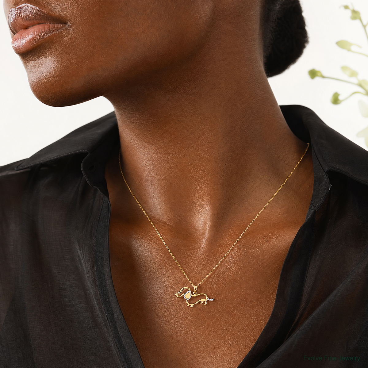14k and White Rhodium Diamond-cut Dachshund Pendant - Model Shot