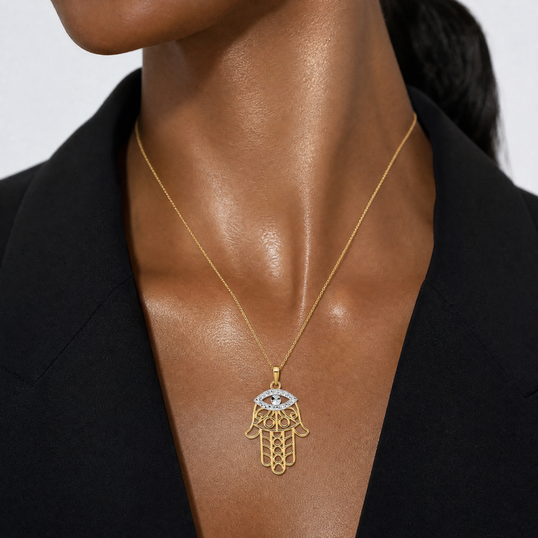 14k & White Rhodium D/C Evil Eye Hamsa Pendant - Model Shot