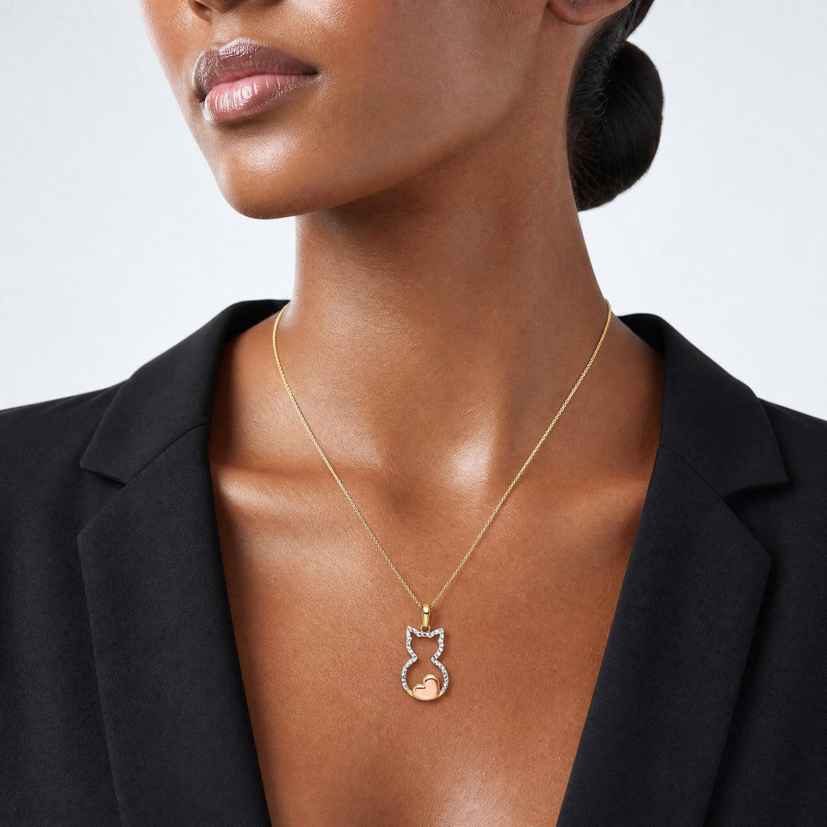 14k w/White and Rose Rhodium Diamond-cut Cat w/ Heart Pendant - Model Shot