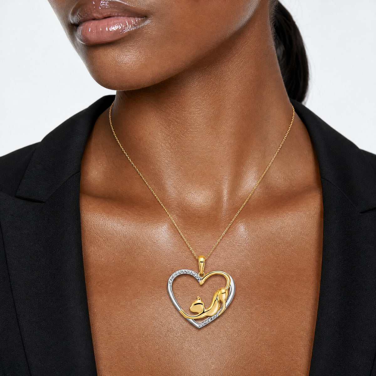 14k and White Rhodium Diamond-cut Cat Stretching in Heart Pendant - Model Shot
