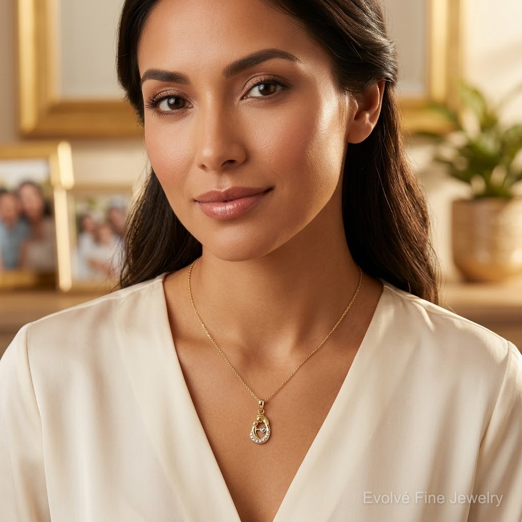 14k and White Rhodium Diamond-cut Mother and Baby Teardrop Pendant - Model Shot