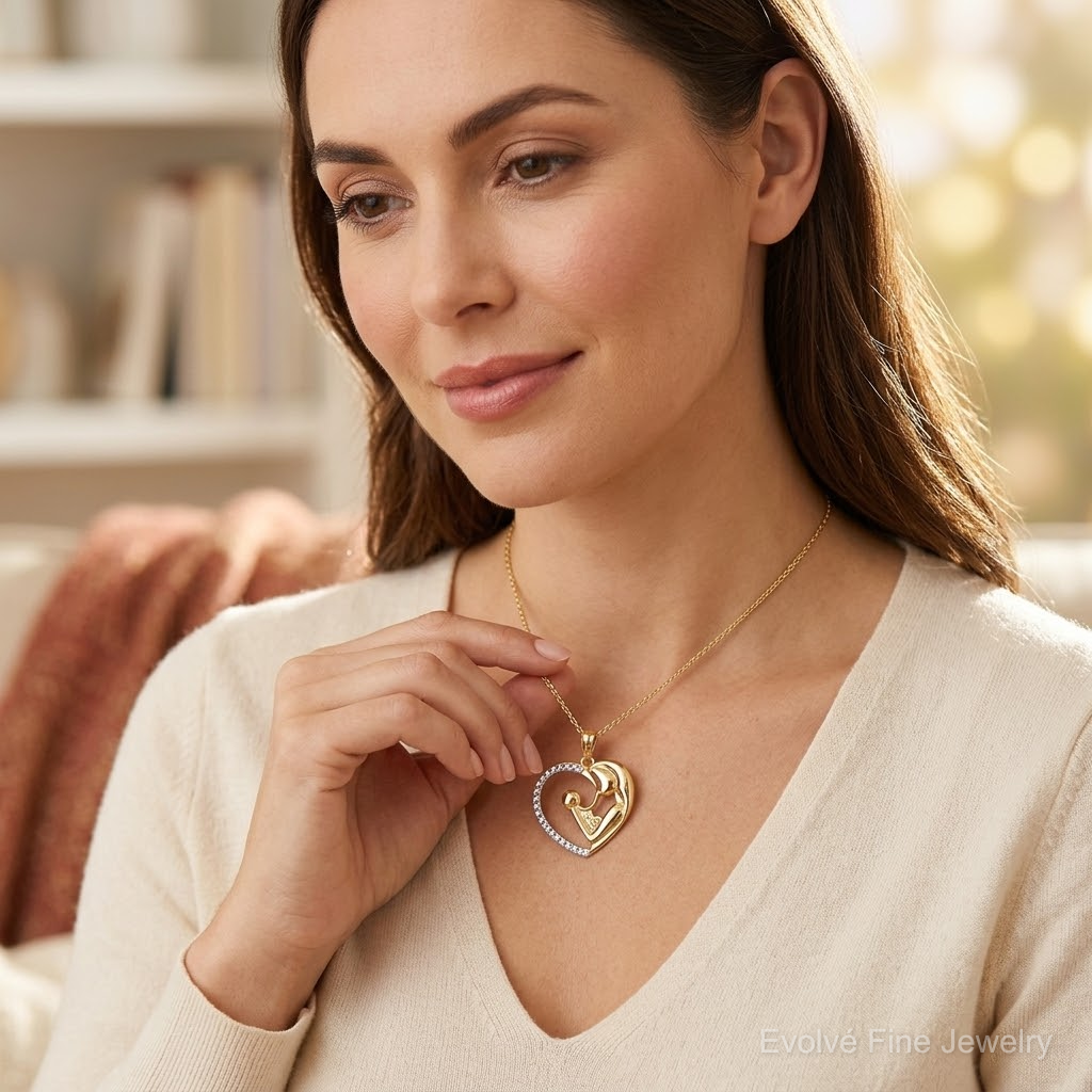 14k and White Rhodium Diamond-cut Mother and Baby Heart Pendant - Model Shot