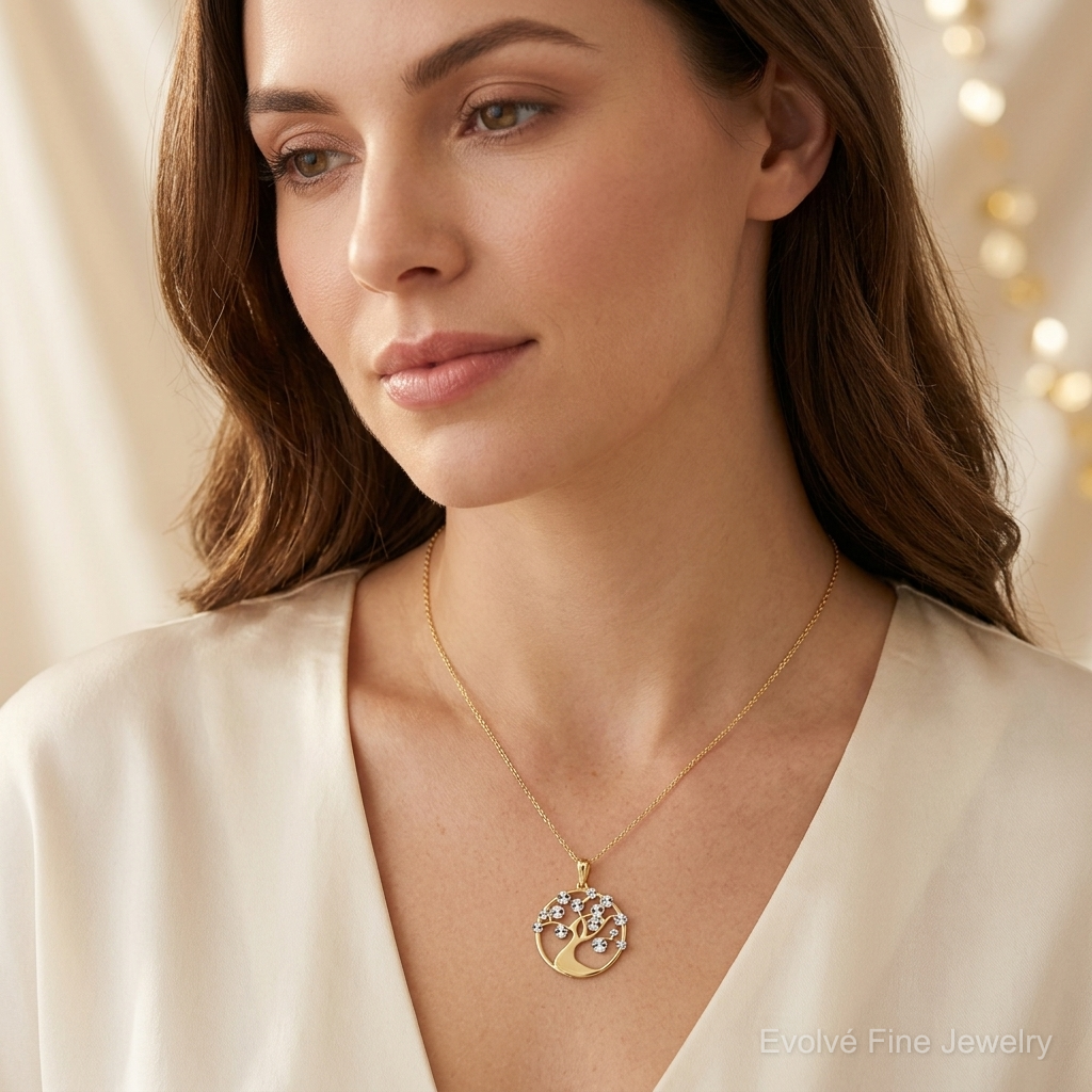 14K w/White Rhodium Diamond-cut Tree of Life Pendant - Model Shot