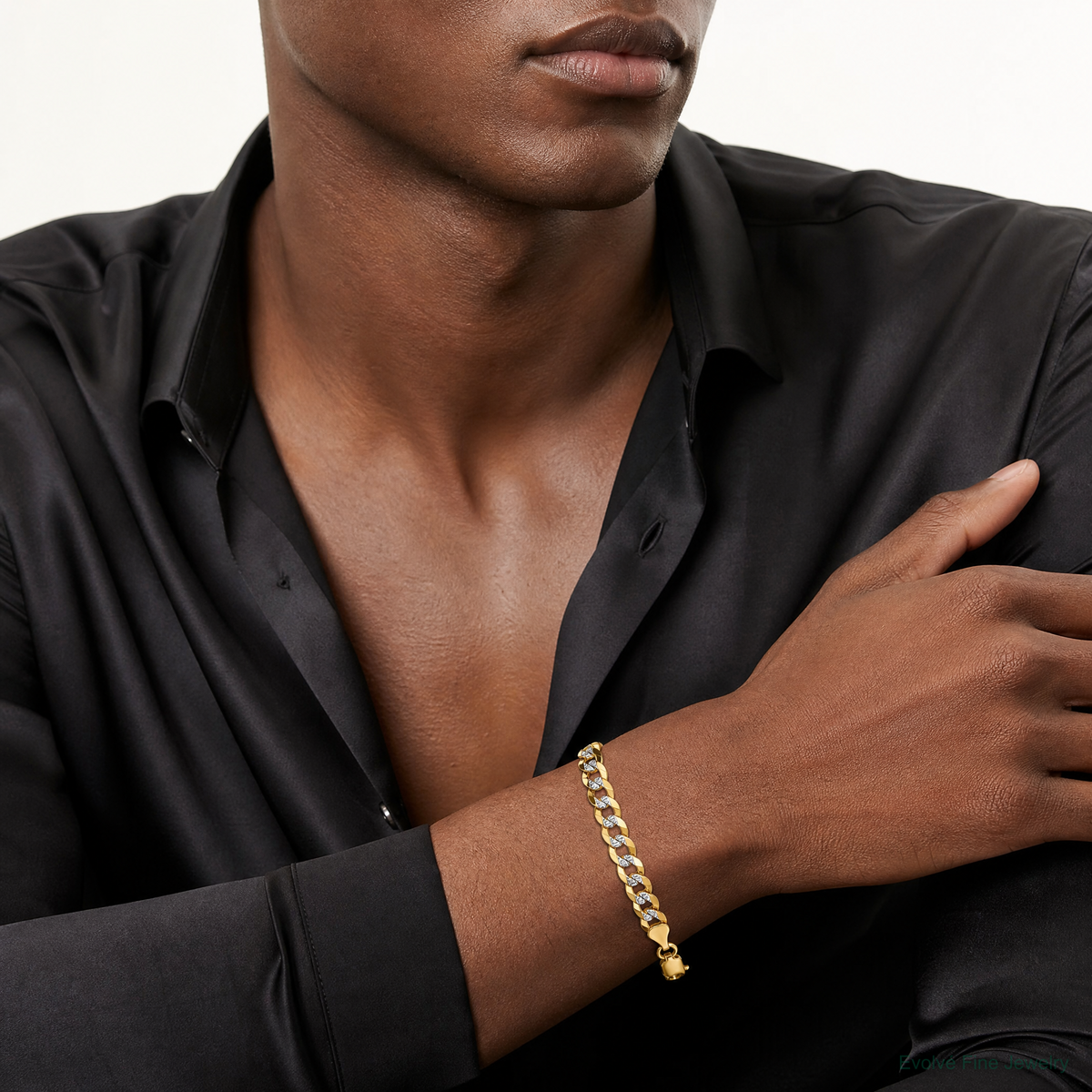 14k 7.2mm Lightweight PavÃ© Flat Cuban Chain - Model Shot