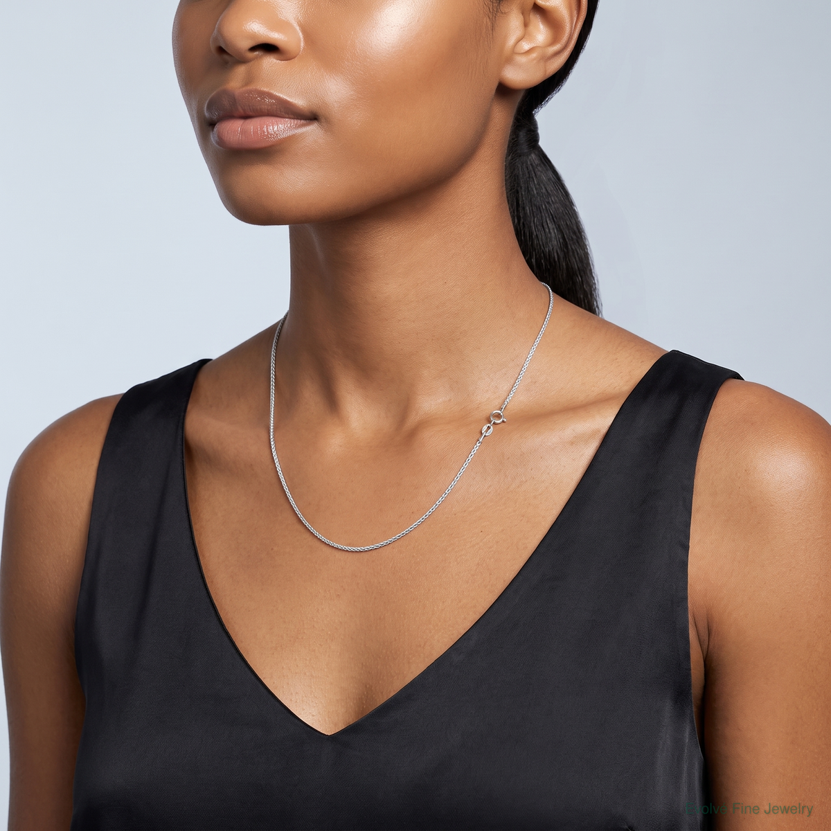 14k White Gold .85mm Spiga with Spring Ring Clasp Chain - Model Shot